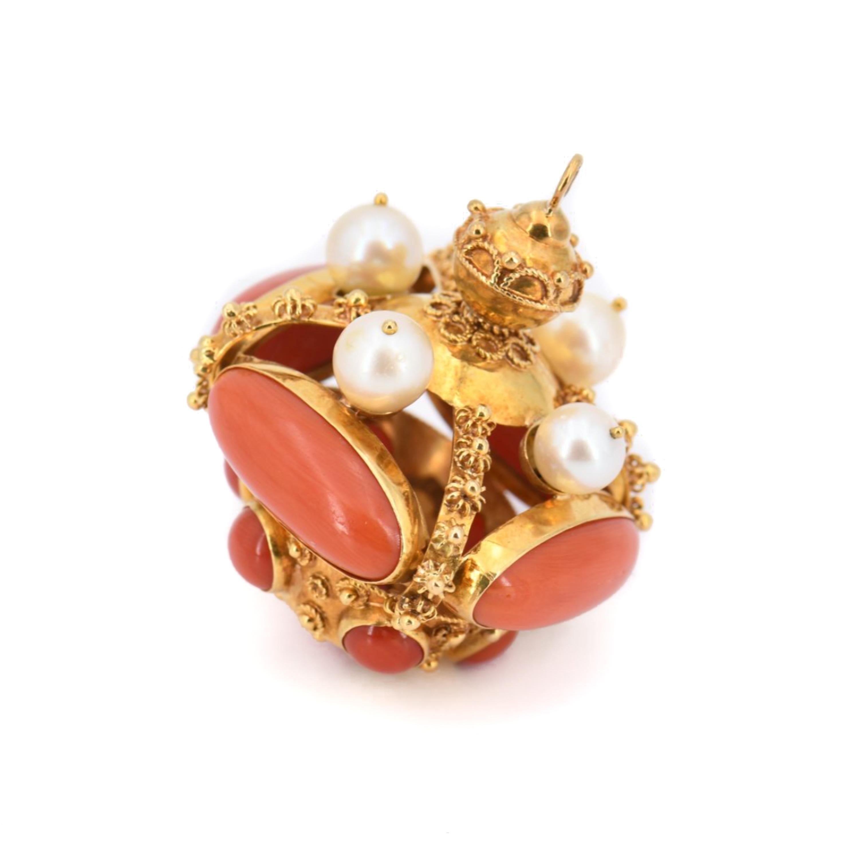 A beautiful large and heavy 18 karat gold Venetian Etruscan fob charm pendant in the shape of a crown. This Italian charm is heavily set with precious coral and cultured Akoya pearls. The gold surface is decorated with filigree, twisted wire-work