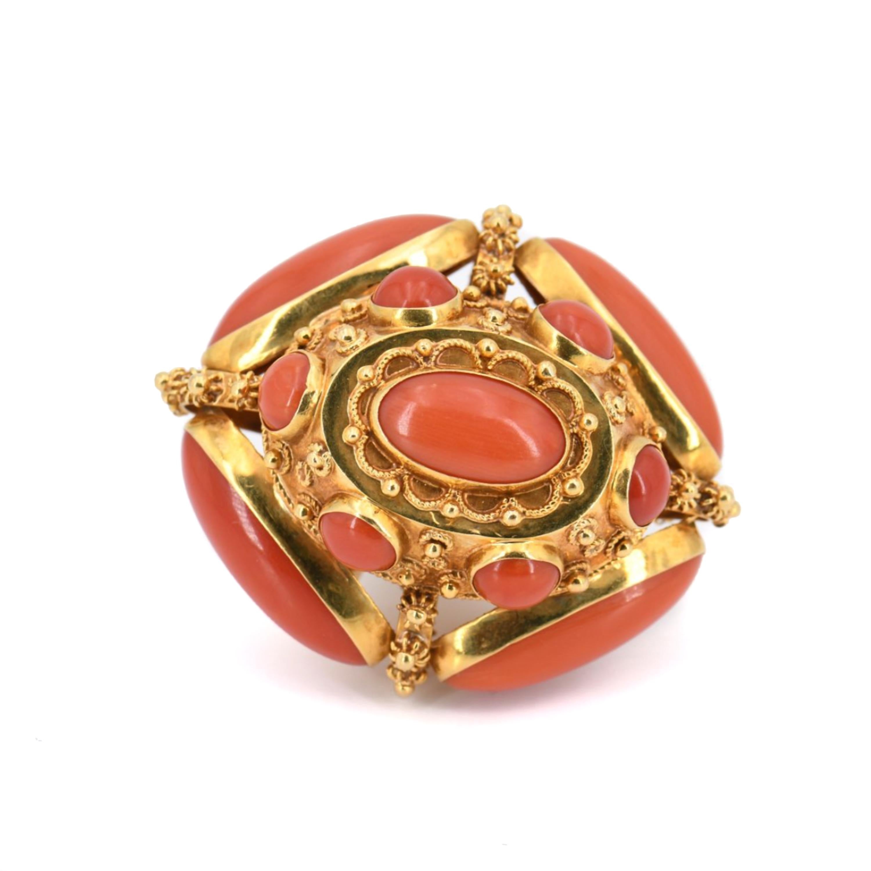 Etruscan Revival Venetian Revival Coral and Akoya Pearl 18K Gold Fob Charm Pendant