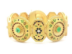 Bracelet Etrusque en or jaune 18k avec émeraudes, diamants et émail