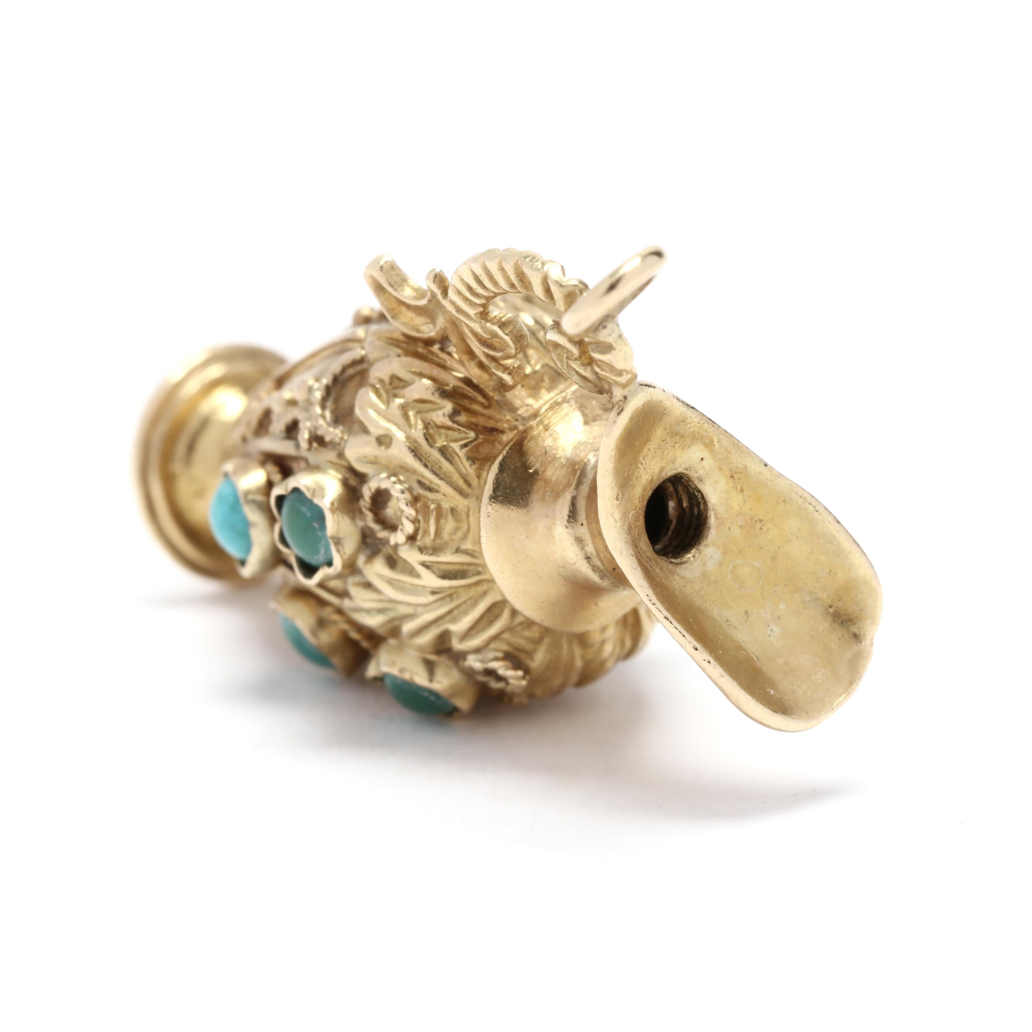 Women's or Men's Etruscan Revival 18K Yellow Gold & Turquoise Vase Charm