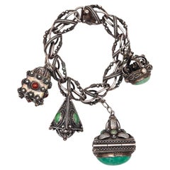 Etruscan Revival 1930 Italian Gypsy Charms Bracelet in 800 Silver with Gemstones