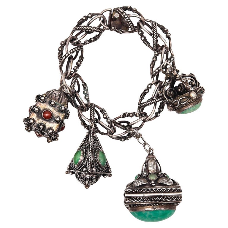 Etruscan Revival 1930 Italian Gypsy Charms Bracelet in 800 Silver with