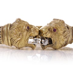 Etruscan revival 20kt. yellow gold double headed lion design cuff bracelet