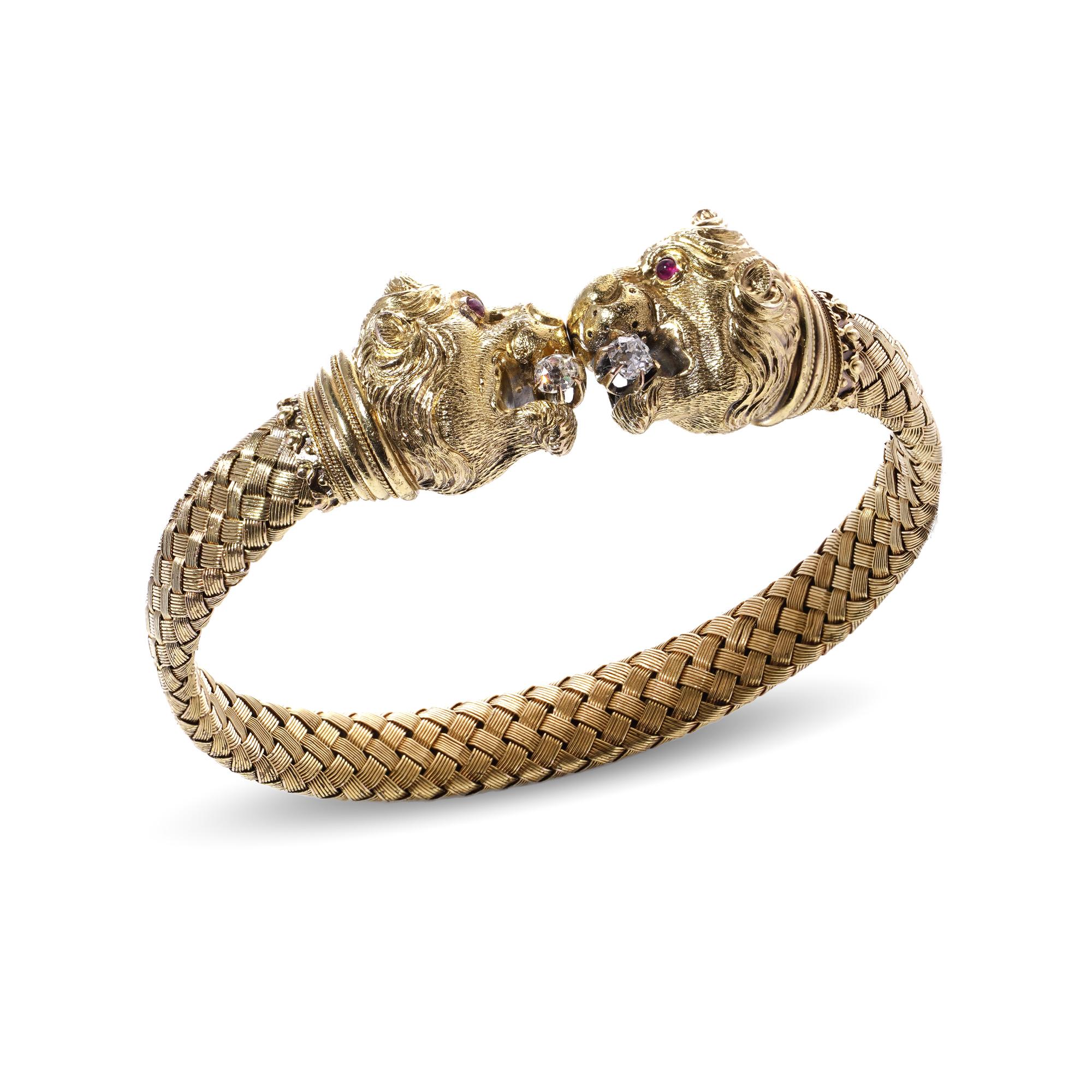 Women's or Men's Etruscan revival 20kt. yellow gold double headed lion design cuff bracelet 