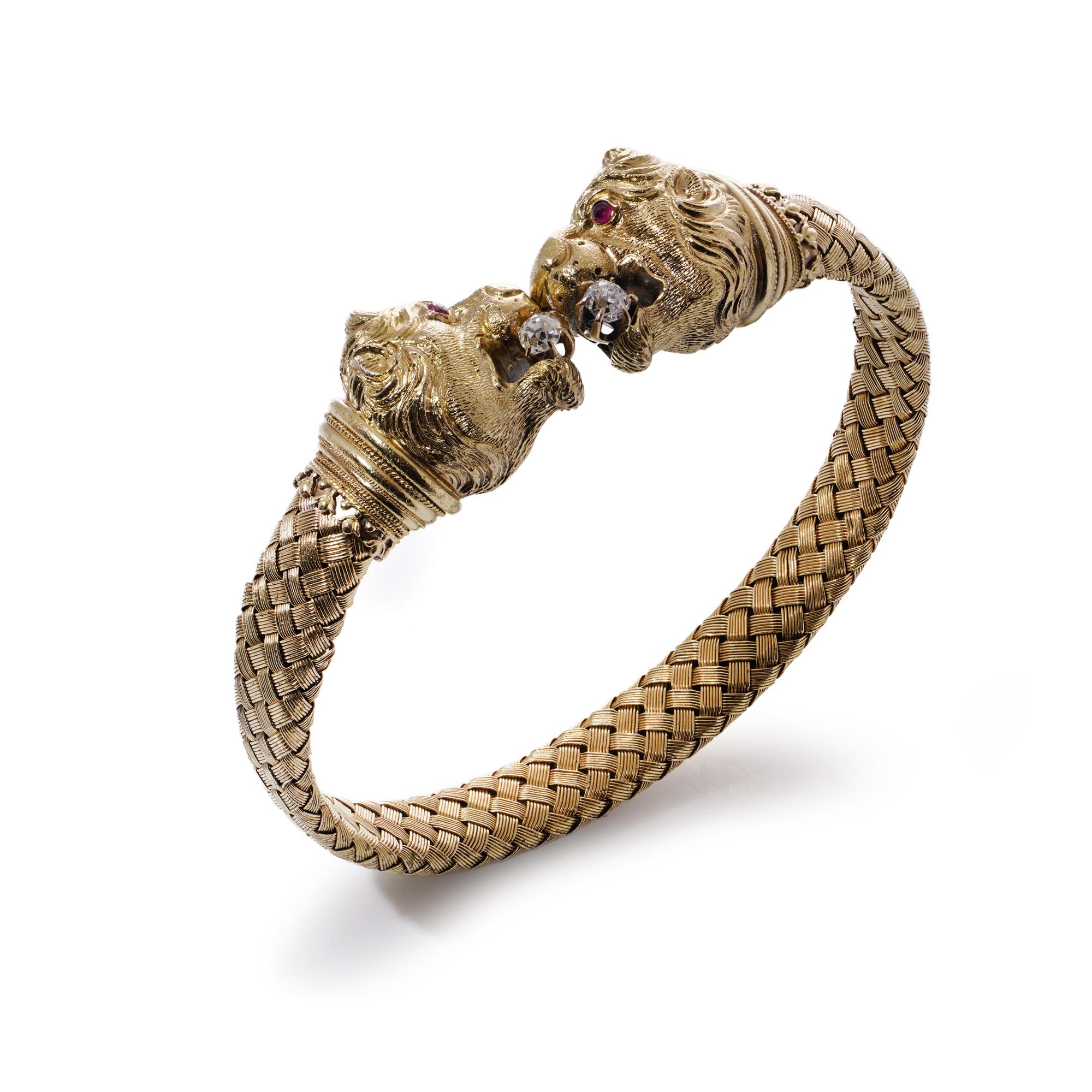 Etruscan revival 20kt. yellow gold double headed lion design cuff bracelet  2
