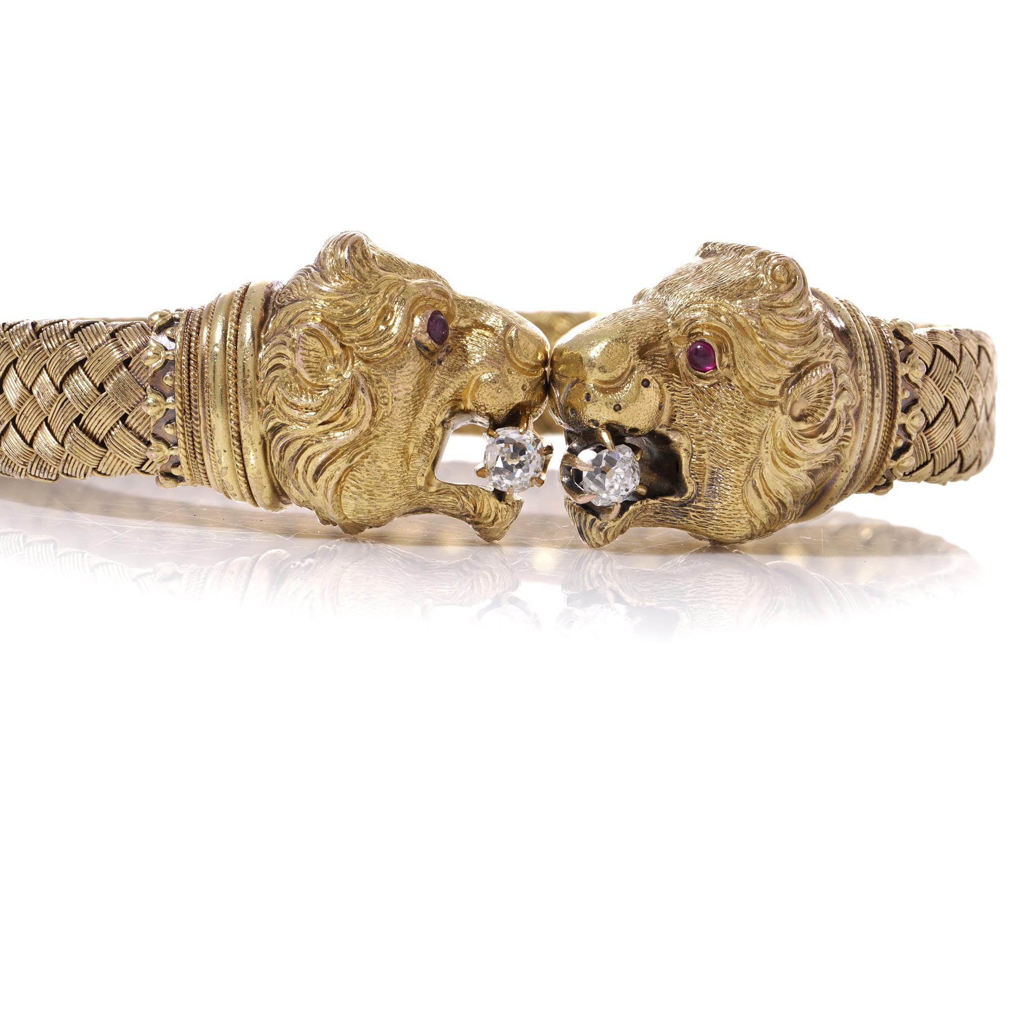Etruscan revival 20kt. yellow gold double headed lion design cuff bracelet  3