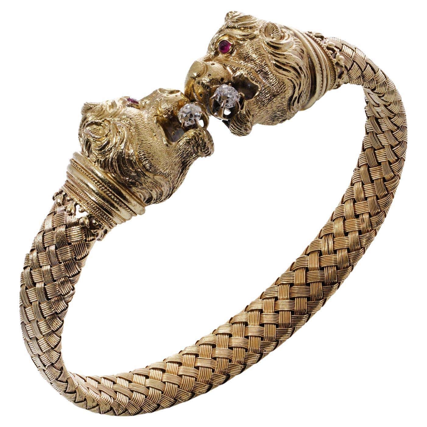 Etruscan revival 20kt. yellow gold double headed lion design cuff bracelet 