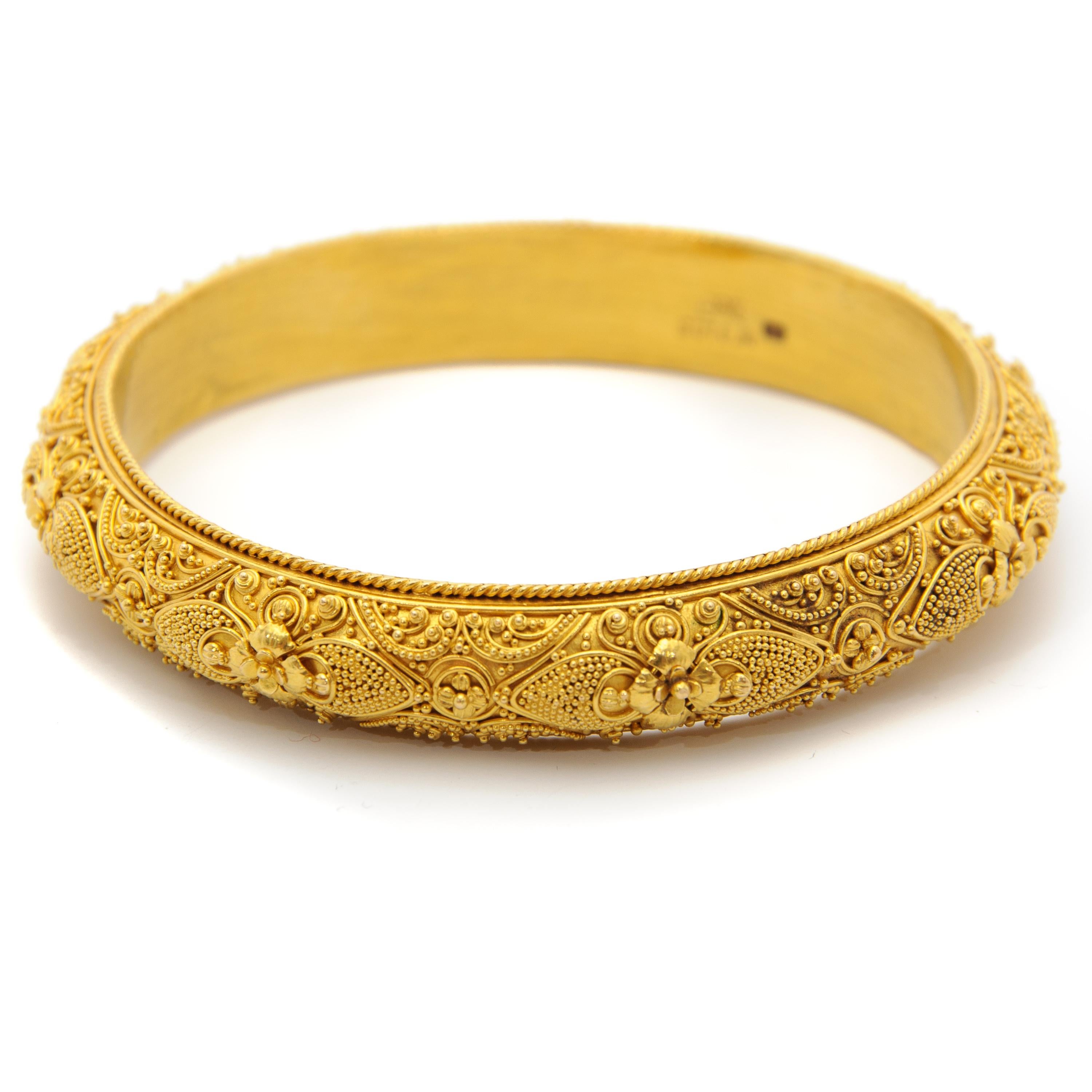 Contemporary 22 Karat Yellow Gold Etruscan Revival Filigree Bangle Bracelet