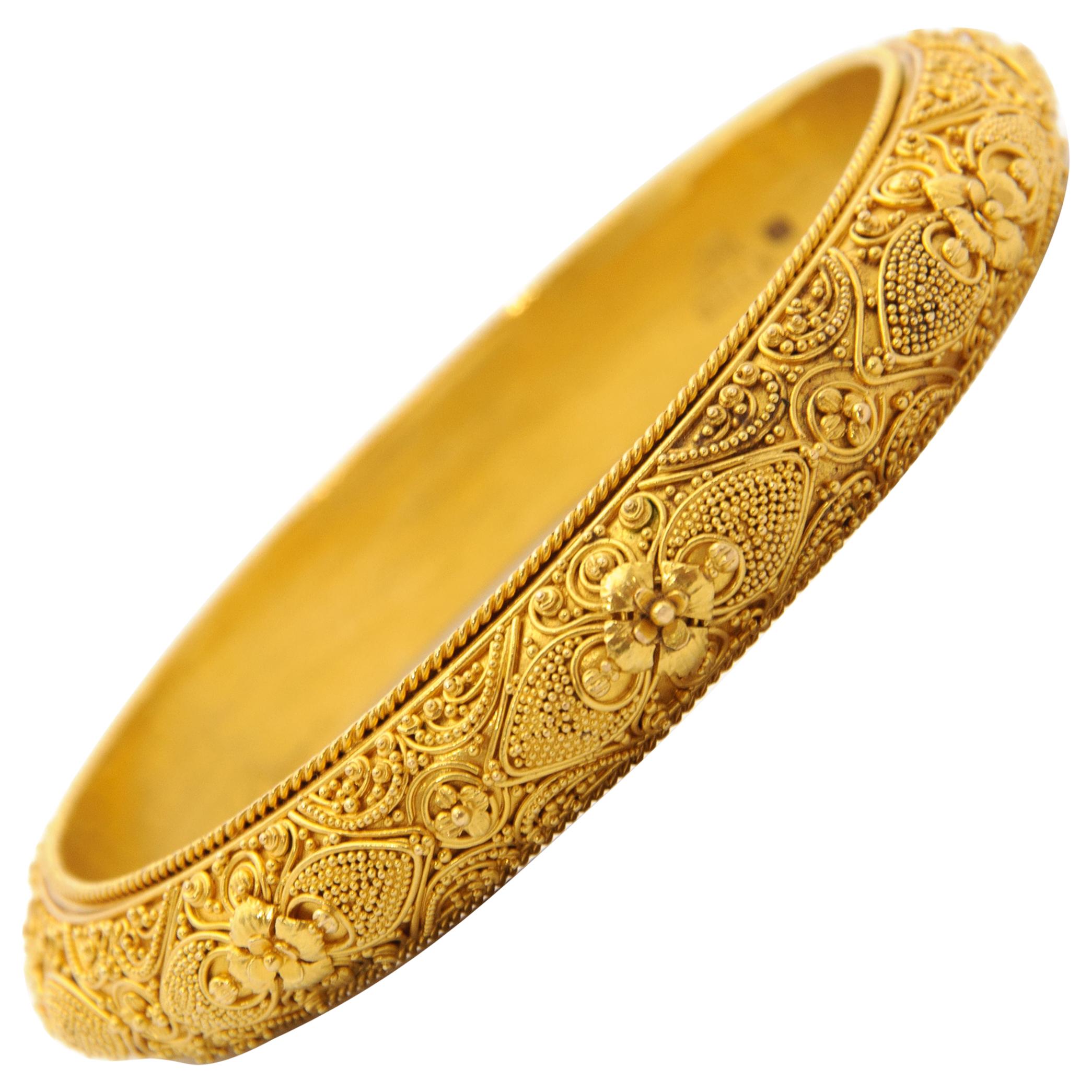 22 Karat Yellow Gold Etruscan Revival Filigree Bangle Bracelet