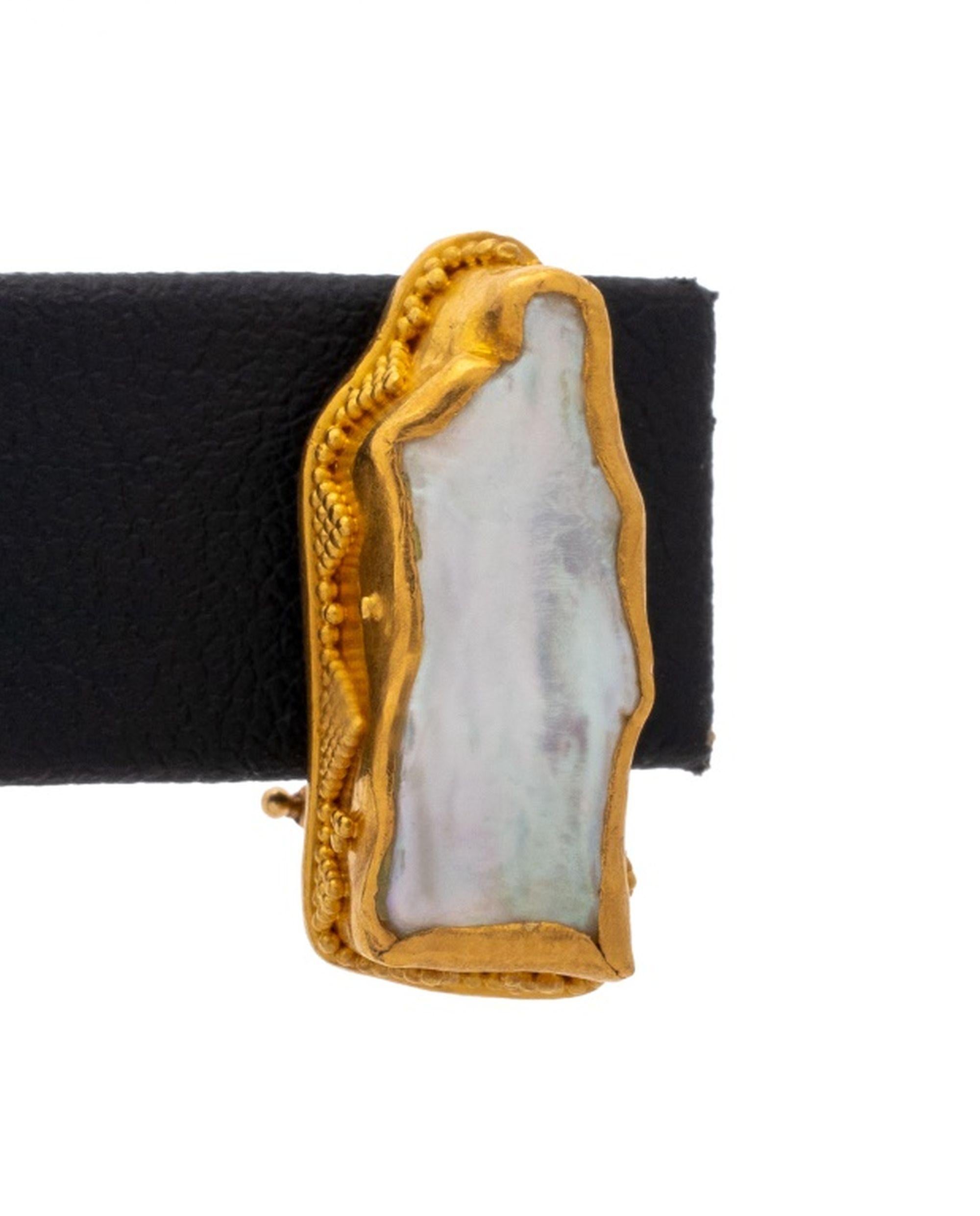 Pair of Etruscan Revival Style 22K Yellow Gold Baroque Freshwater Cultured Pearl Bezel Set Granulation Earrings, worn on ear with omega clip and pad, marked: 