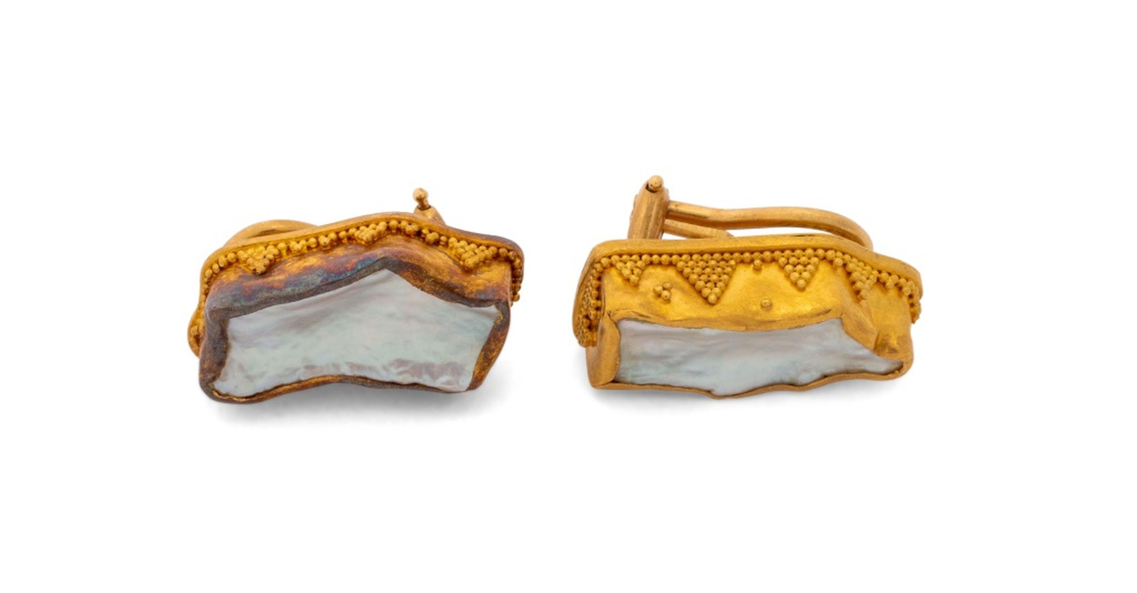 Etruscan Revival 22K Gold Baroque Pearl Earrings In Good Condition For Sale In Queens, NY