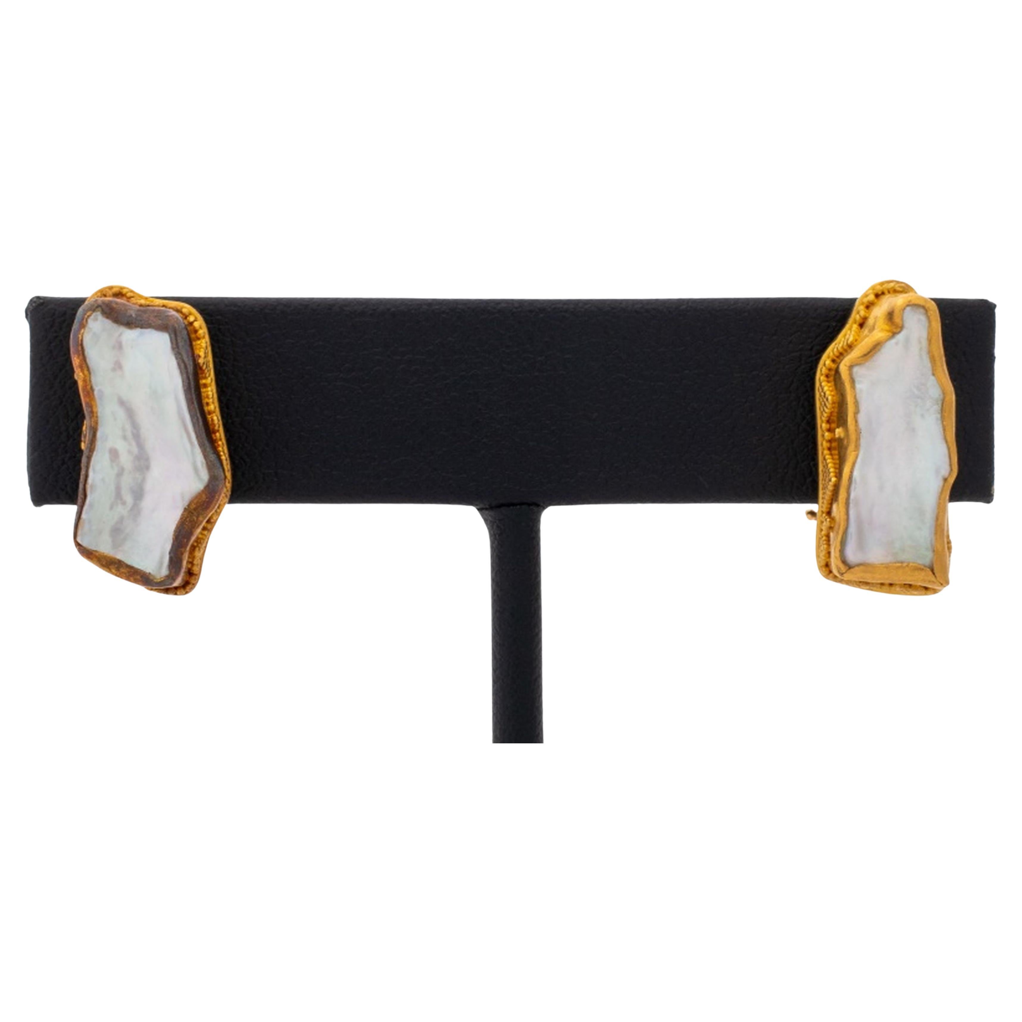 Etruscan Revival 22K Gold Baroque Pearl Earrings For Sale