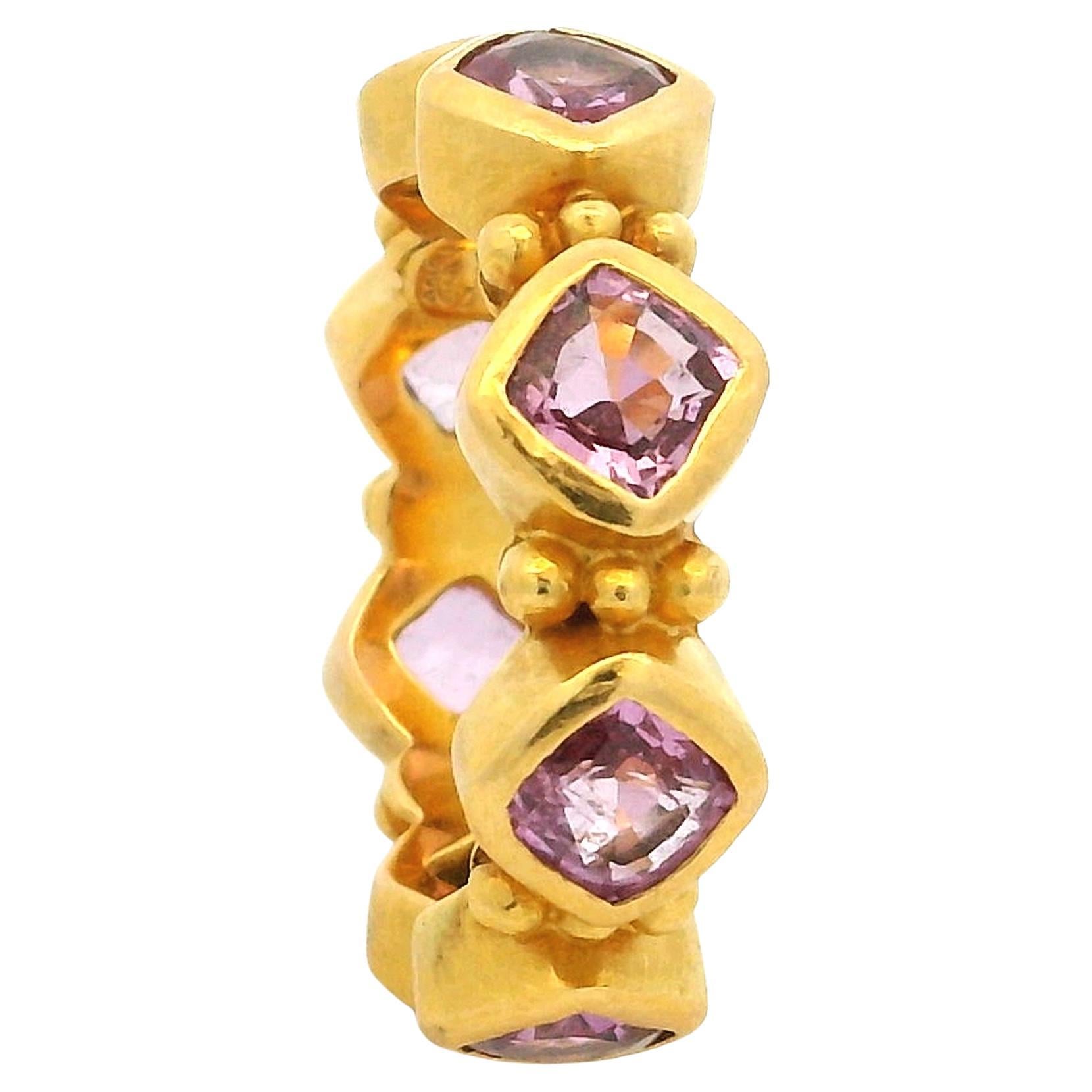 Etruscan Revival 22K Yellow Gold Pink Tourmaline Eternity Band Ring, Italian