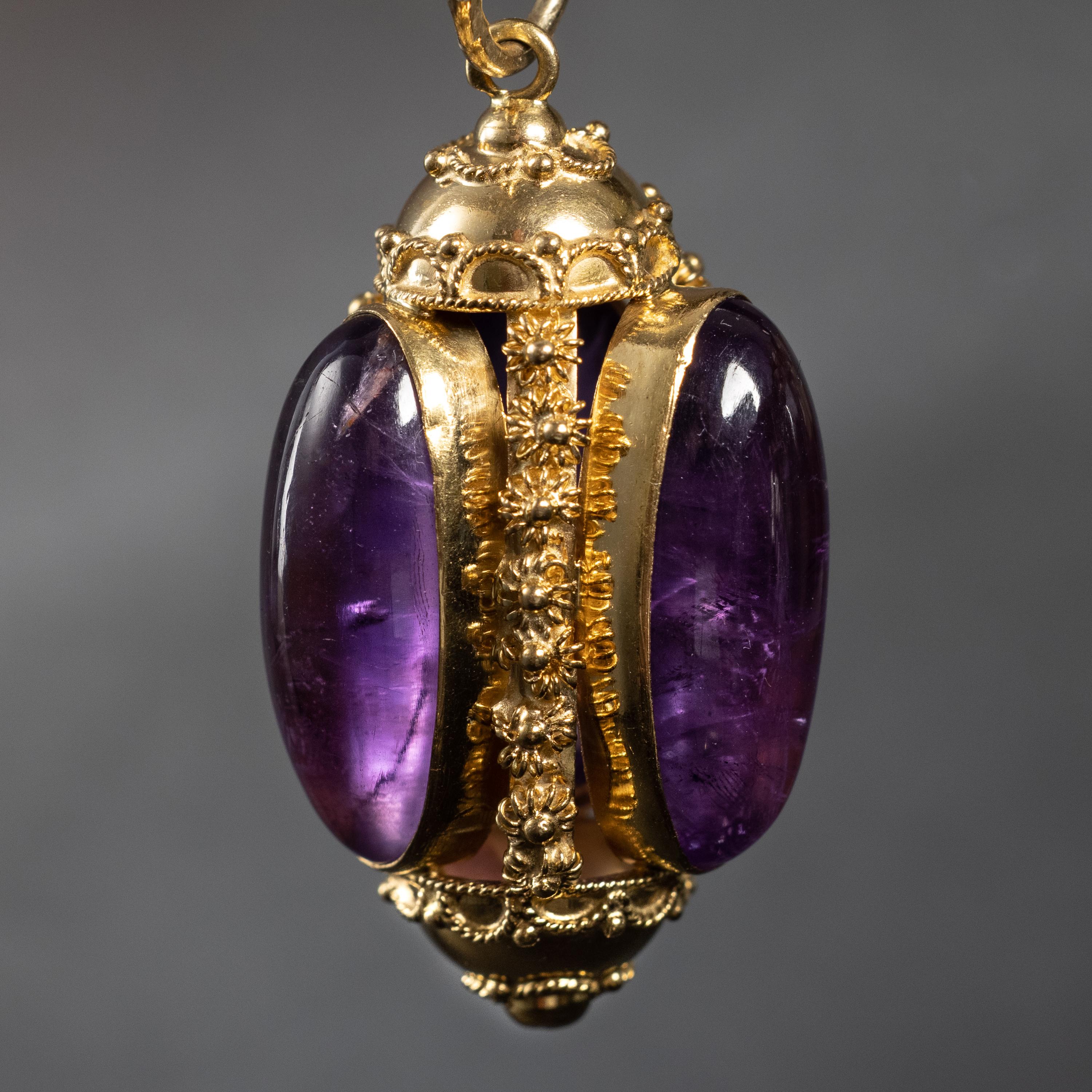 Cabochon Etruscan Revival Amethyst Three-Sided Pendant