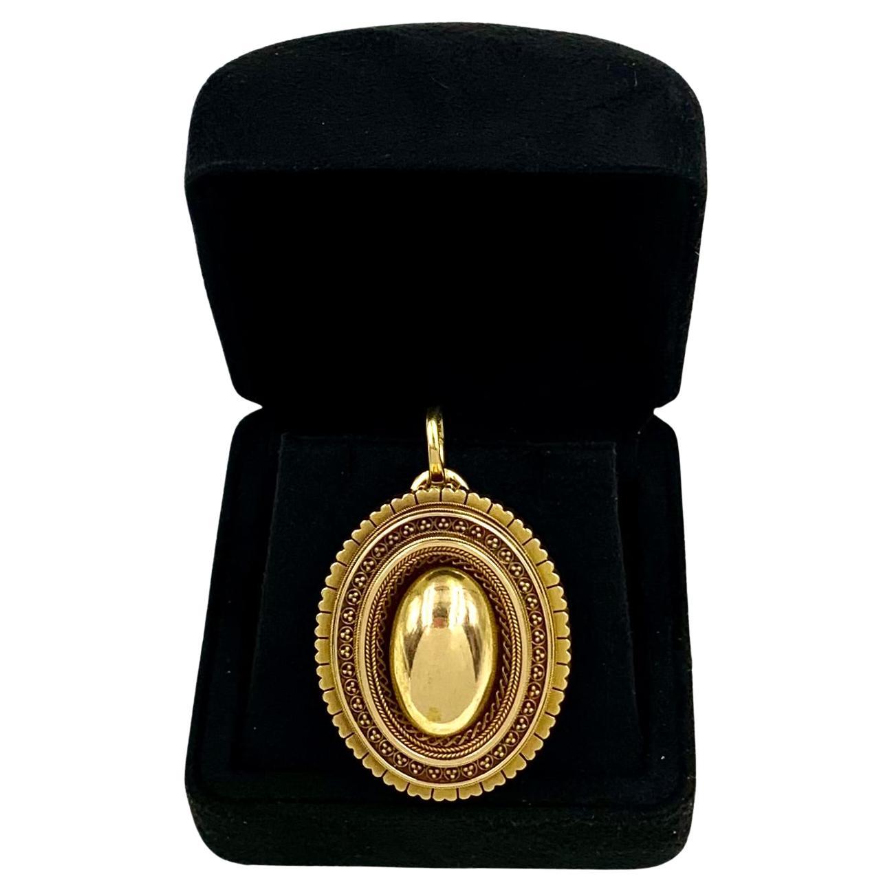 Etruscan Revival Antique 14K Yellow Gold Oval Locket Pendant Brooch