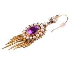 Etruscan Revival Antique Amethyst Pearl Emerald Fringe Gold Earrings
