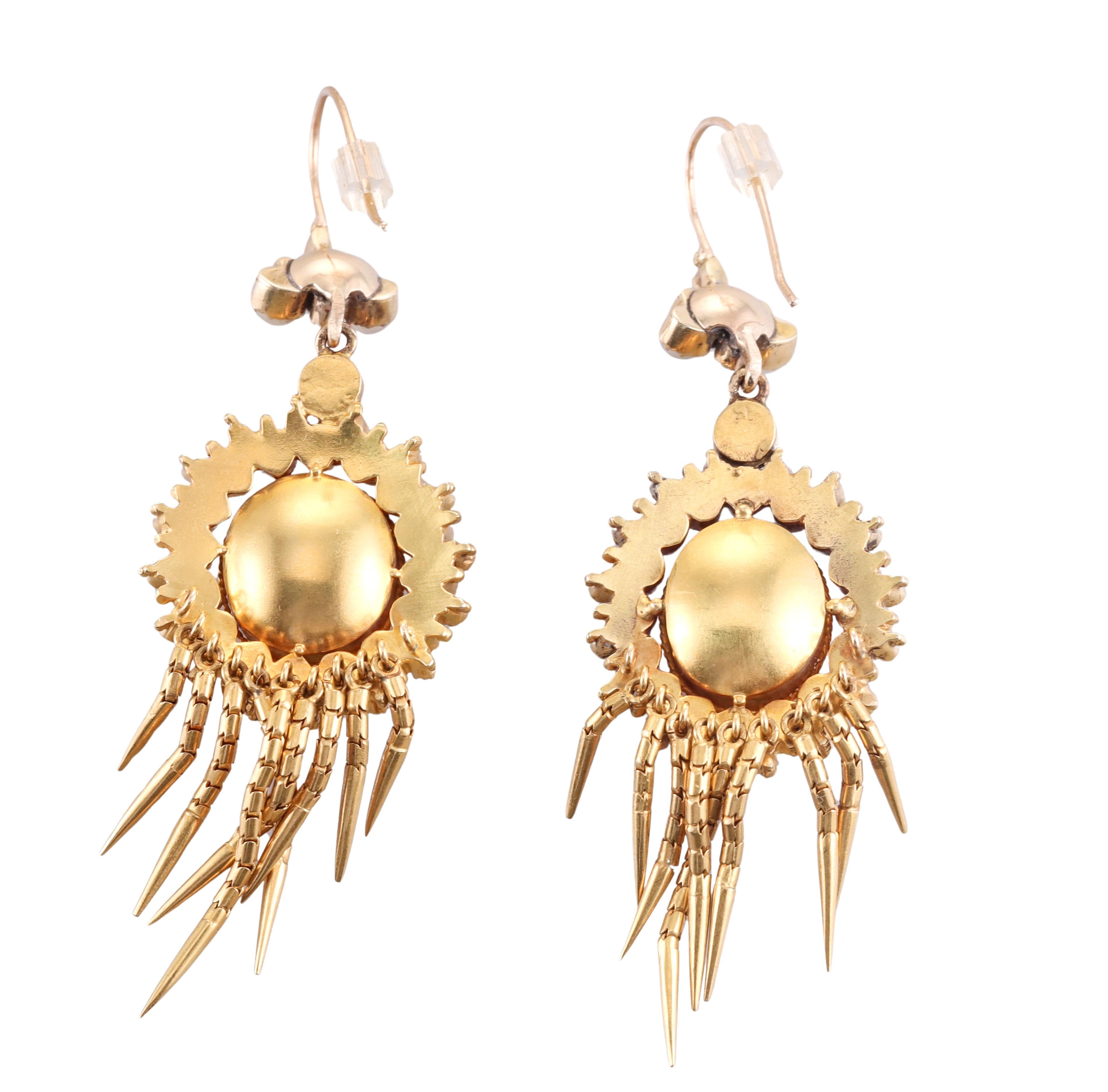 Women's Etruscan Revival Antique Amethyst Pearl Emerald Fringe Gold Earrings For Sale
