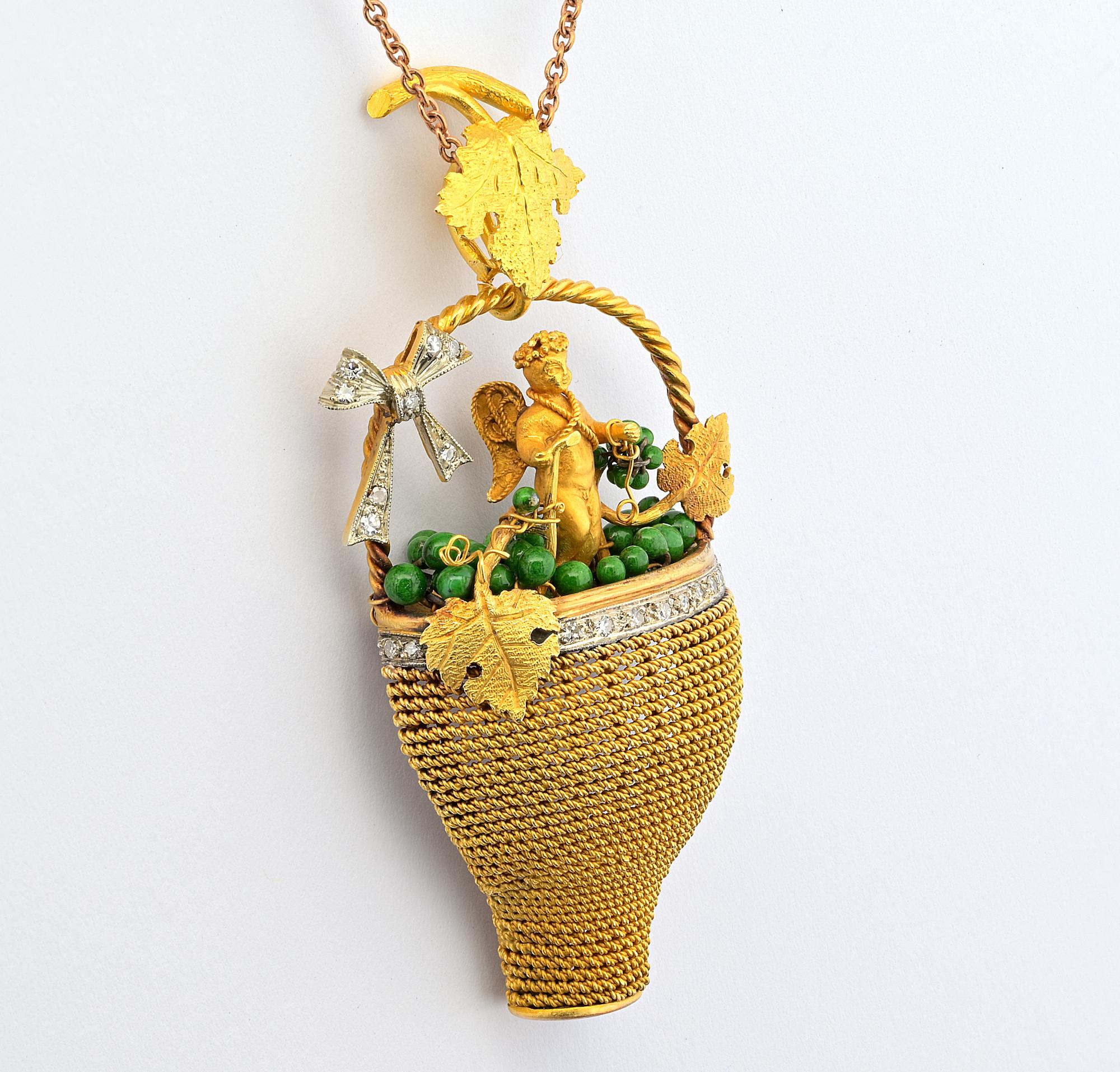 Neoetrusco Ciondolo etrusco revival Bacchus Allegory Amazing 18 KT Diamond Enamel Rare in vendita