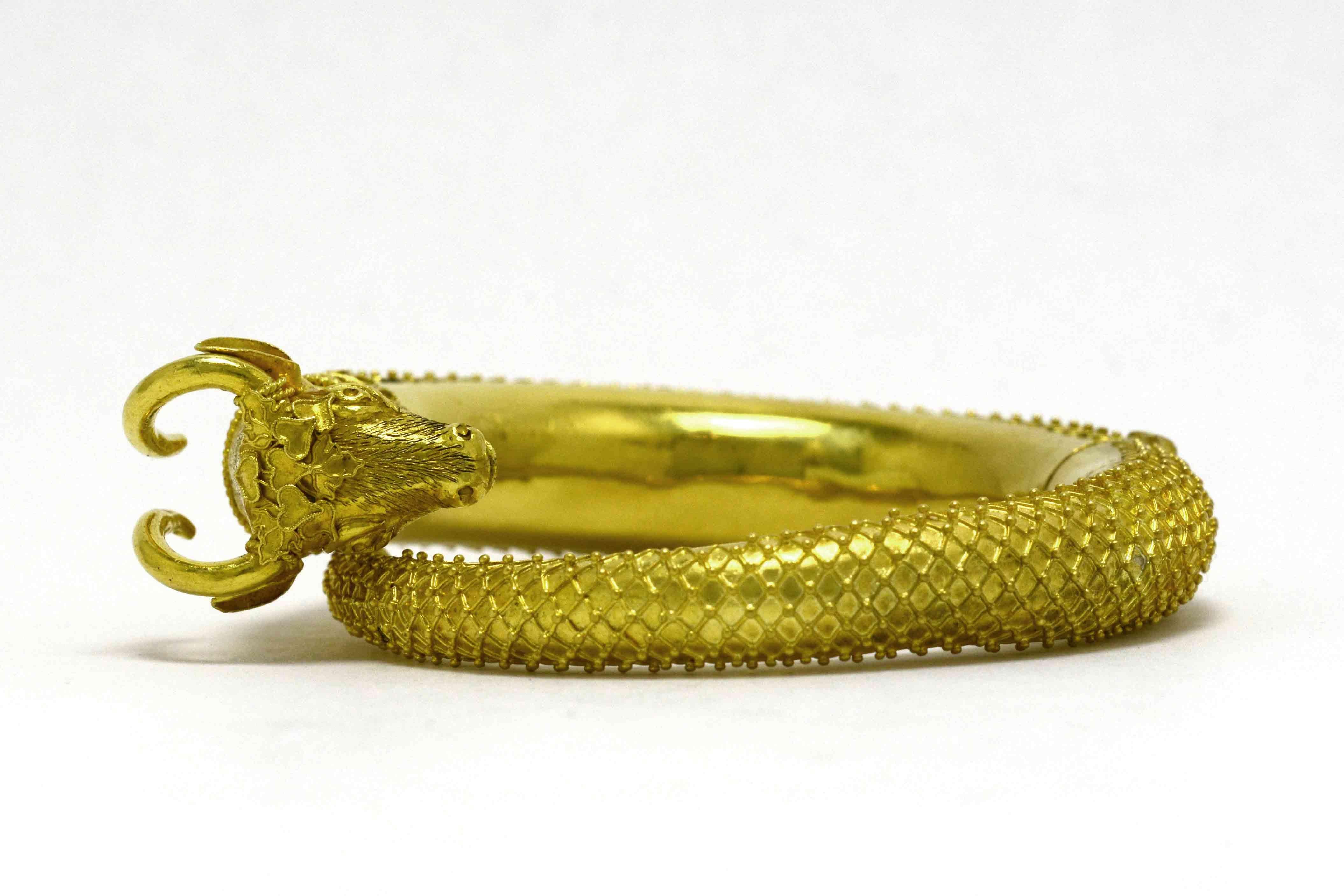 Women's Etruscan Revival Bracelet Ram Head Bangle 22 Karat Gold High Karat Hinged Cuff