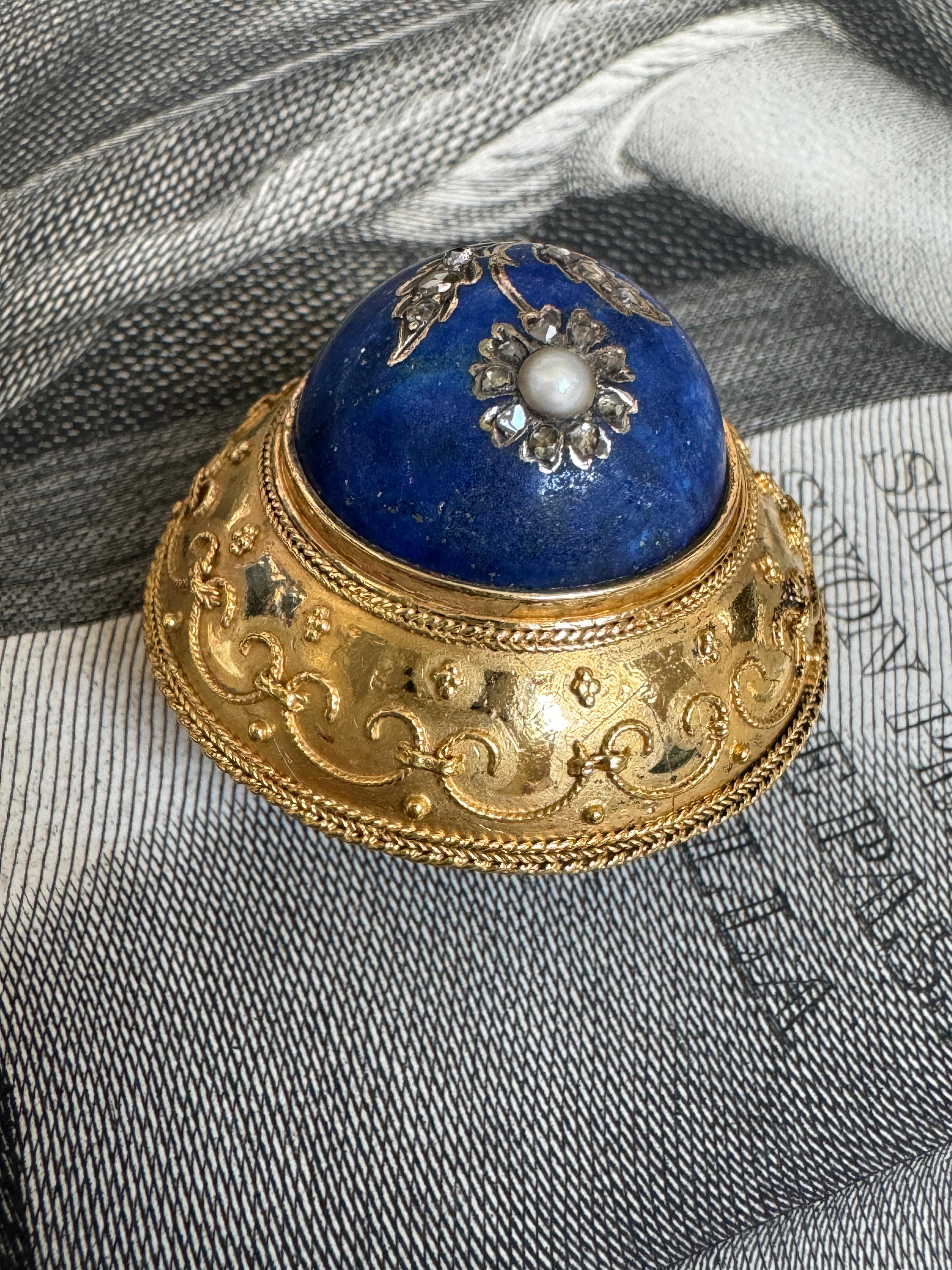 Etruscan Revival Brooch Rose Cut Diamond and Pearl Daisy in Lapis In Good Condition For Sale In Hummelstown, PA