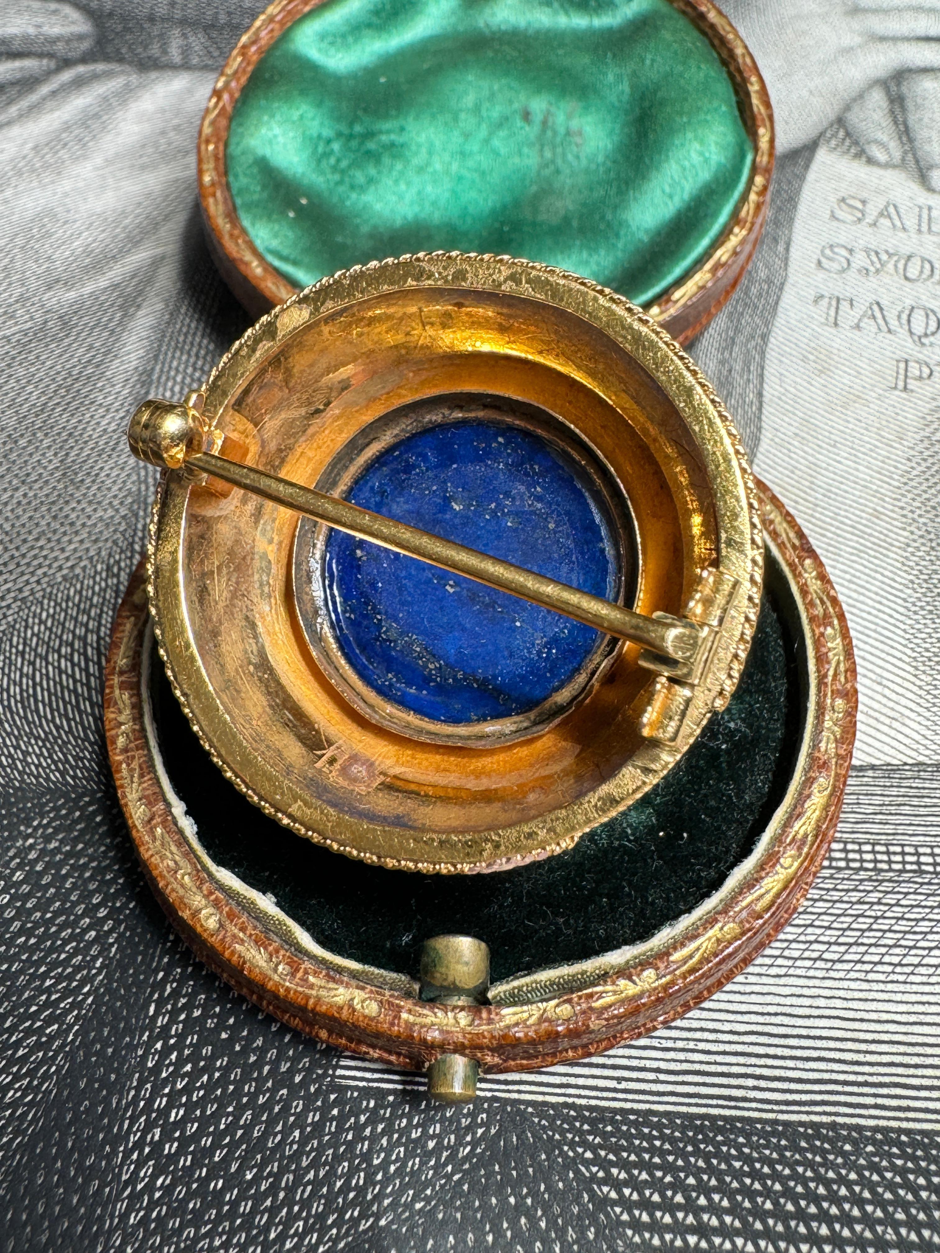 Women's or Men's Etruscan Revival Brooch Rose Cut Diamond and Pearl Daisy in Lapis For Sale