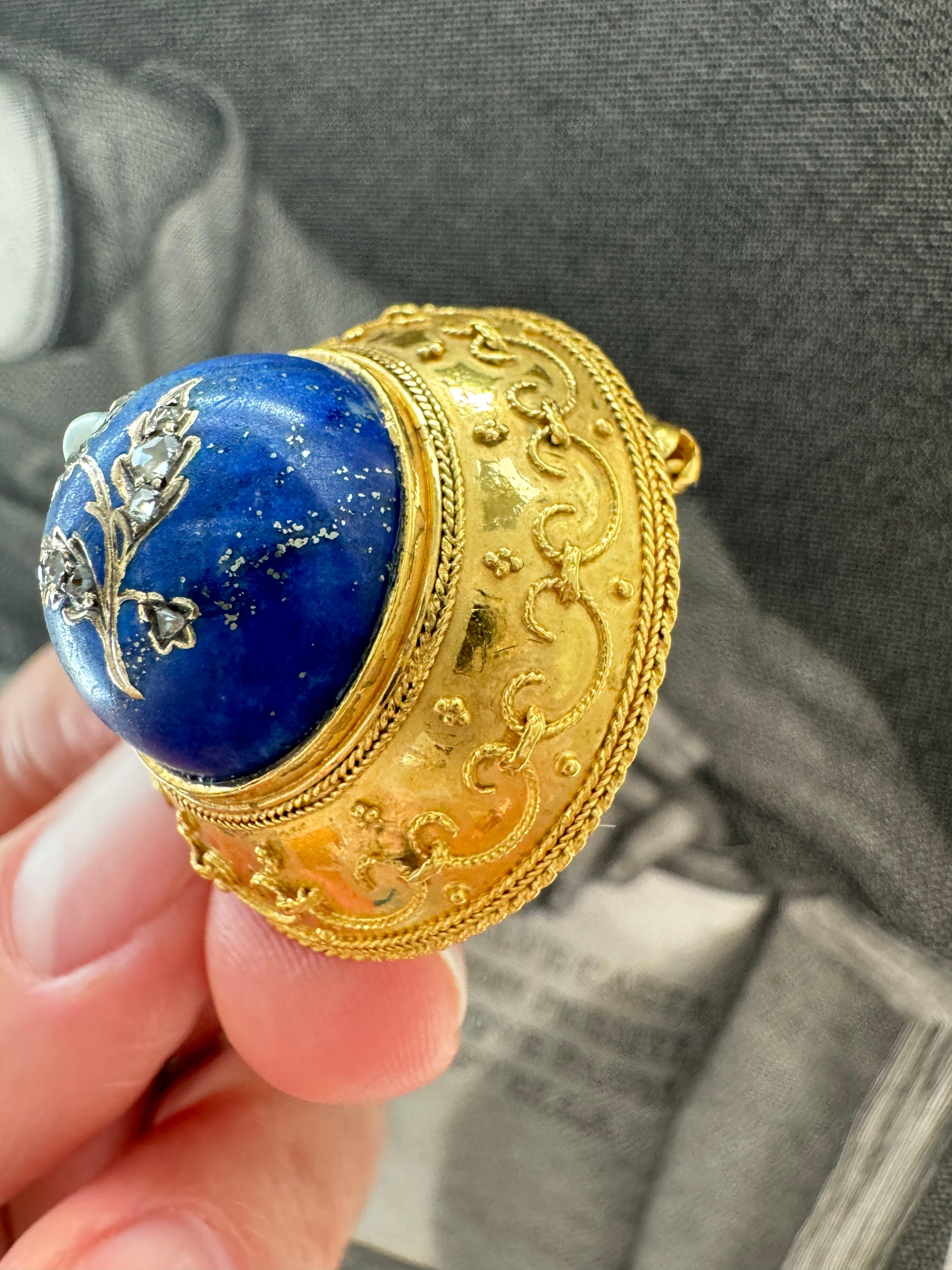 Etruscan Revival Brooch Rose Cut Diamond and Pearl Daisy in Lapis For Sale 1