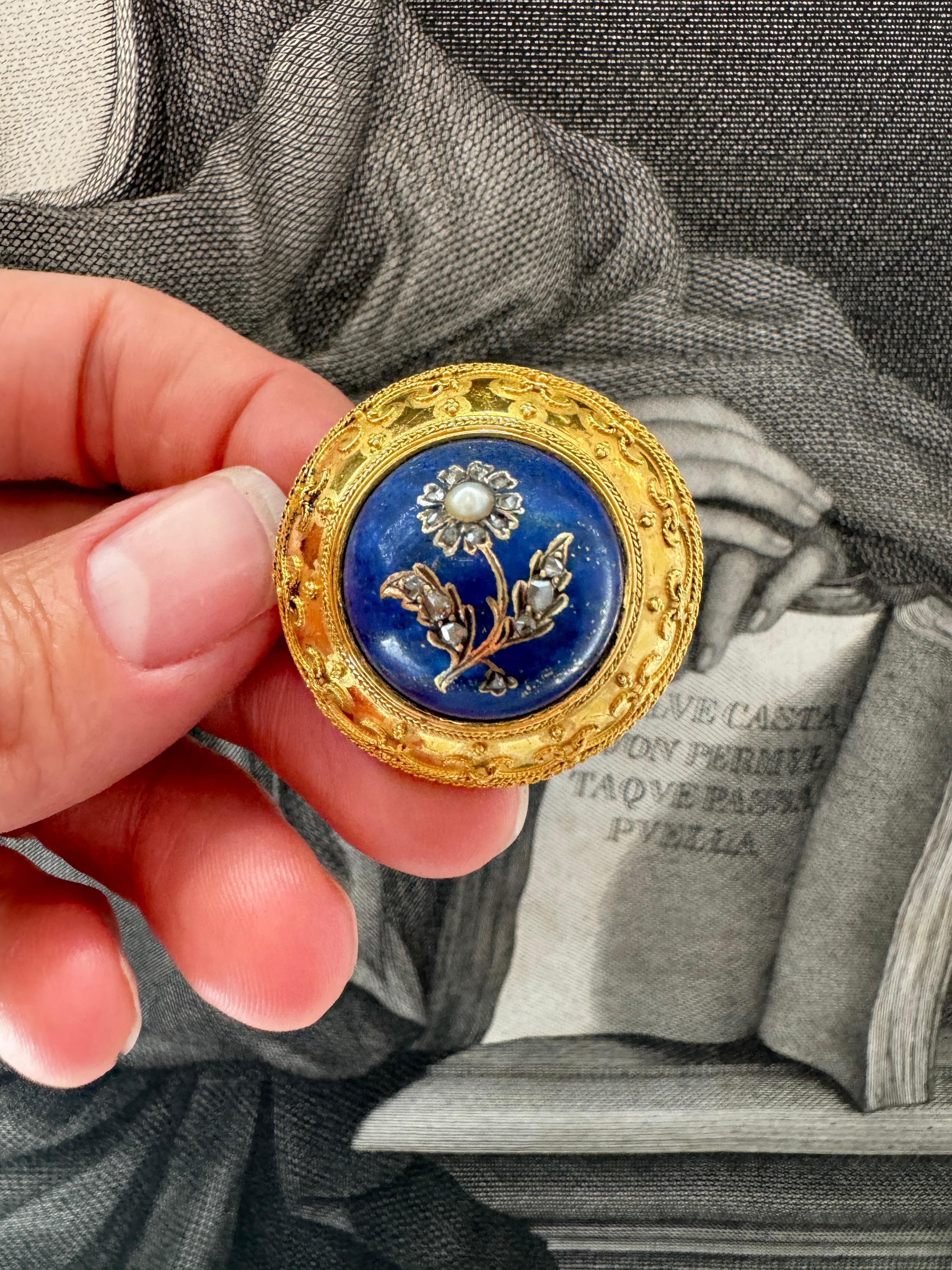 Etruscan Revival Brooch Rose Cut Diamond and Pearl Daisy in Lapis For Sale 2