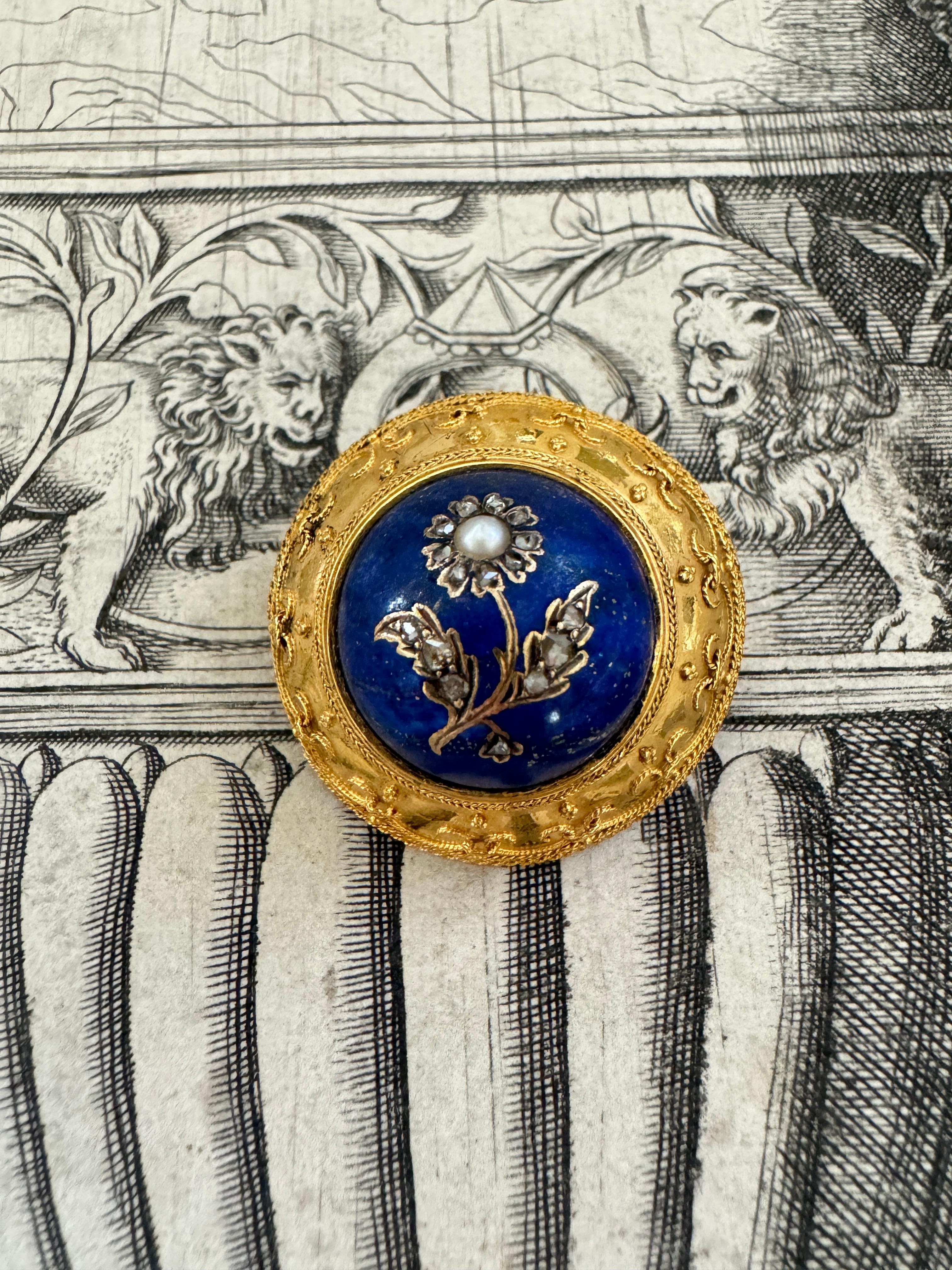 Etruscan Revival Brooch Rose Cut Diamond and Pearl Daisy in Lapis For Sale 3