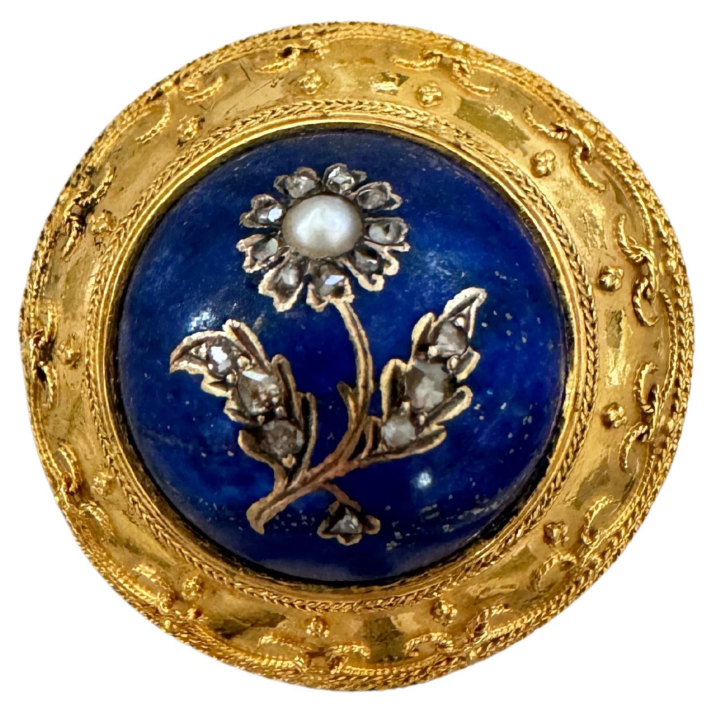 Etruscan Revival Brooch Rose Cut Diamond and Pearl Daisy in Lapis