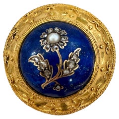 Etruscan Revival Brooch Rose Cut Diamond and Pearl Daisy in Lapis