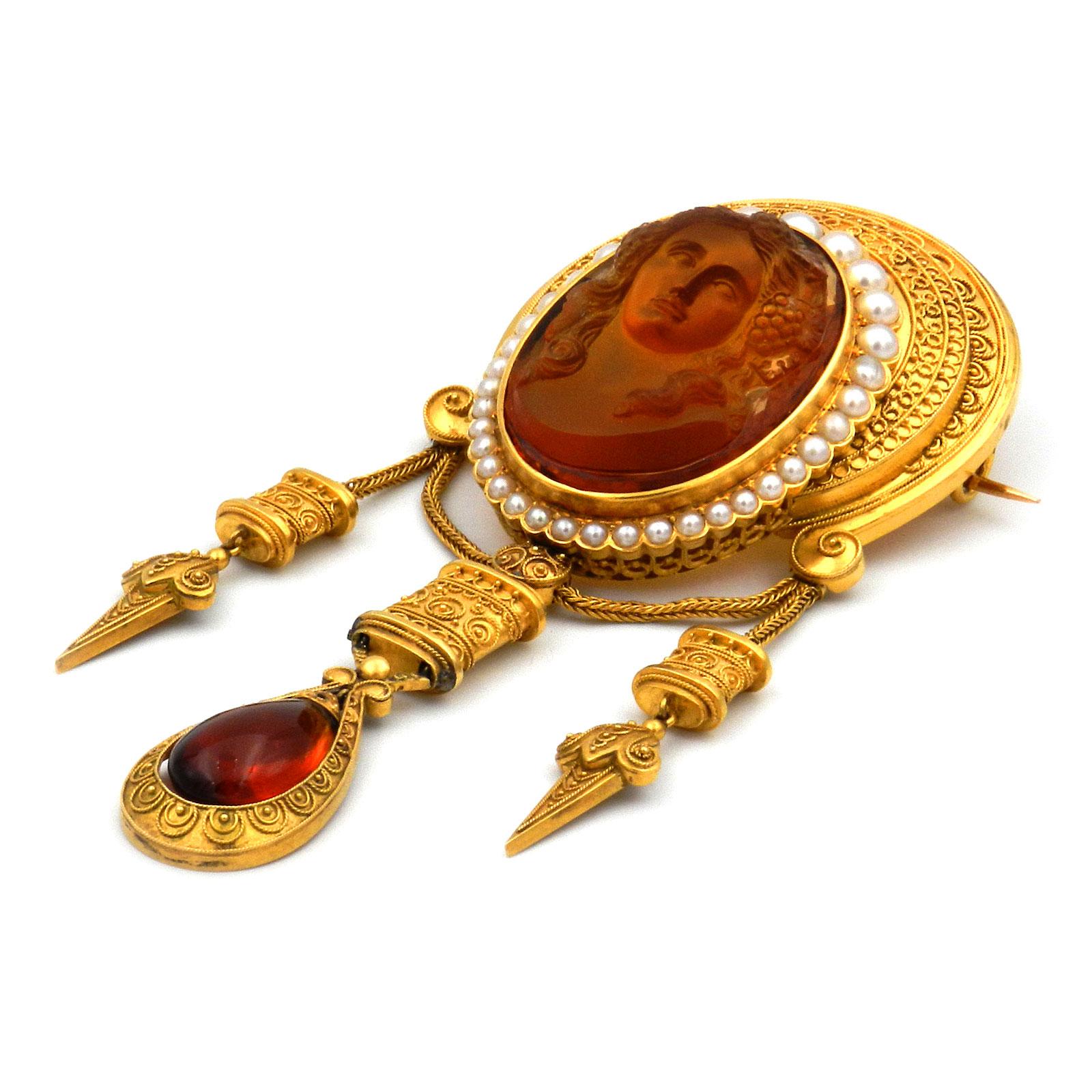Portrait Cut Etruscan Revival Citrine Cameo and Pearl Gold Brooch, France, circa 1870 For Sale