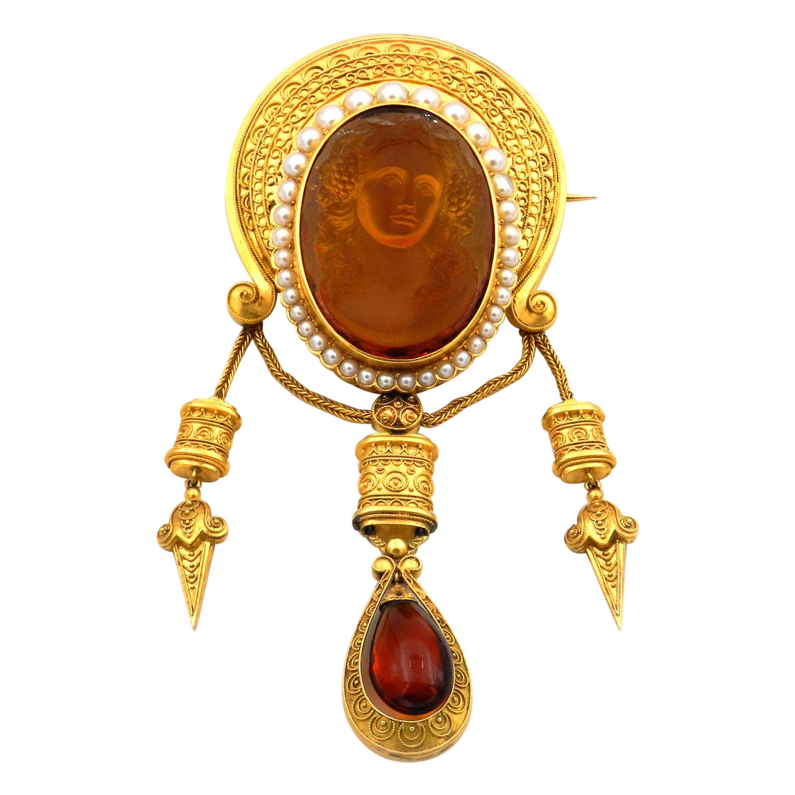 Etruscan Revival Citrine Cameo and Pearl Gold Brooch, France, circa 1870 For Sale