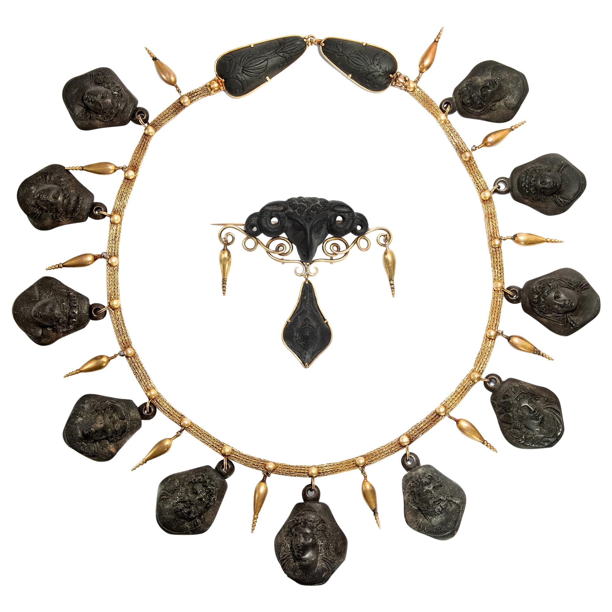 Castellani (Attr.) Etruscan Necklace and Brooch, Lava & Gold, Italy, circa 1850