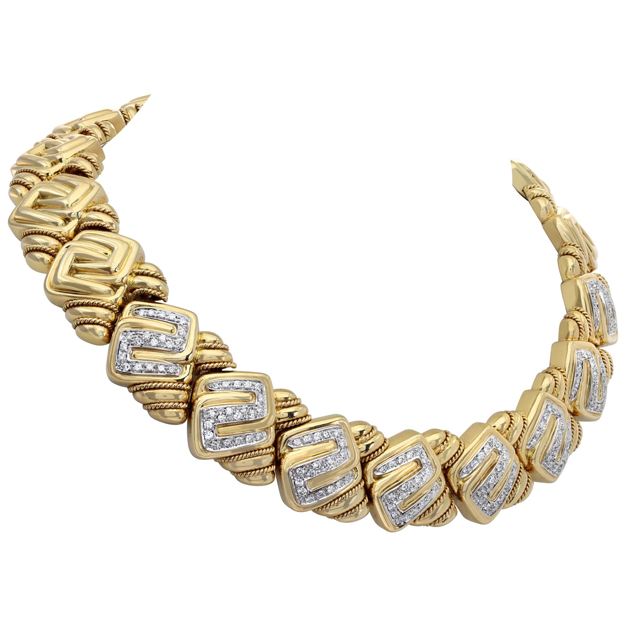 Etruscan revival diamonds choker necklace in solid 18K yellow gold. Round brilliant cut diamonds total approx. weight over 4.00 carats, estimate: G-H color, VVS-VS clarity. Hallmarks: 