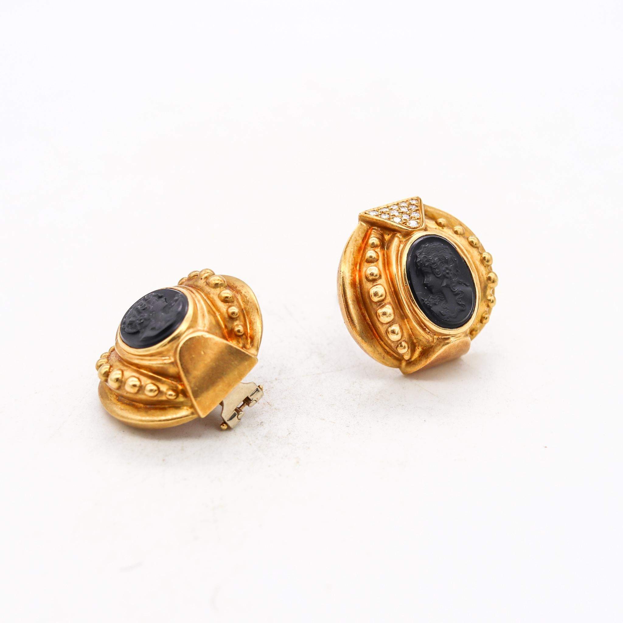 Etruscan Revival Earrings in 18Kt Gold with 9.78 Cts in Diamonds and Carved Onyx In Excellent Condition For Sale In Miami, FL
