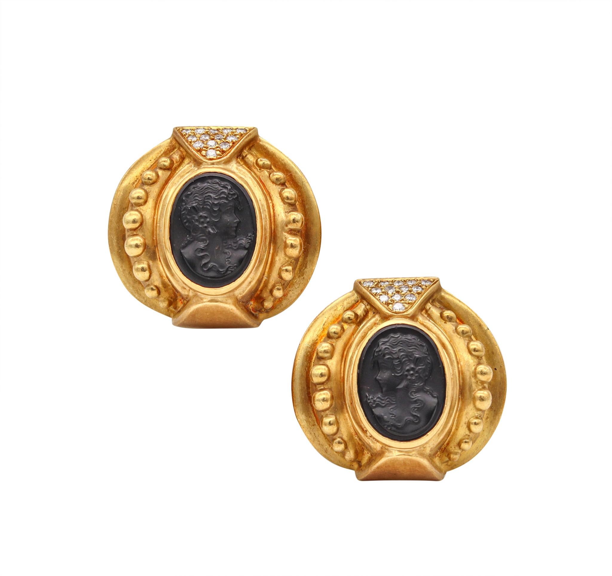 Women's Etruscan Revival Earrings in 18Kt Gold with 9.78 Cts in Diamonds and Carved Onyx For Sale