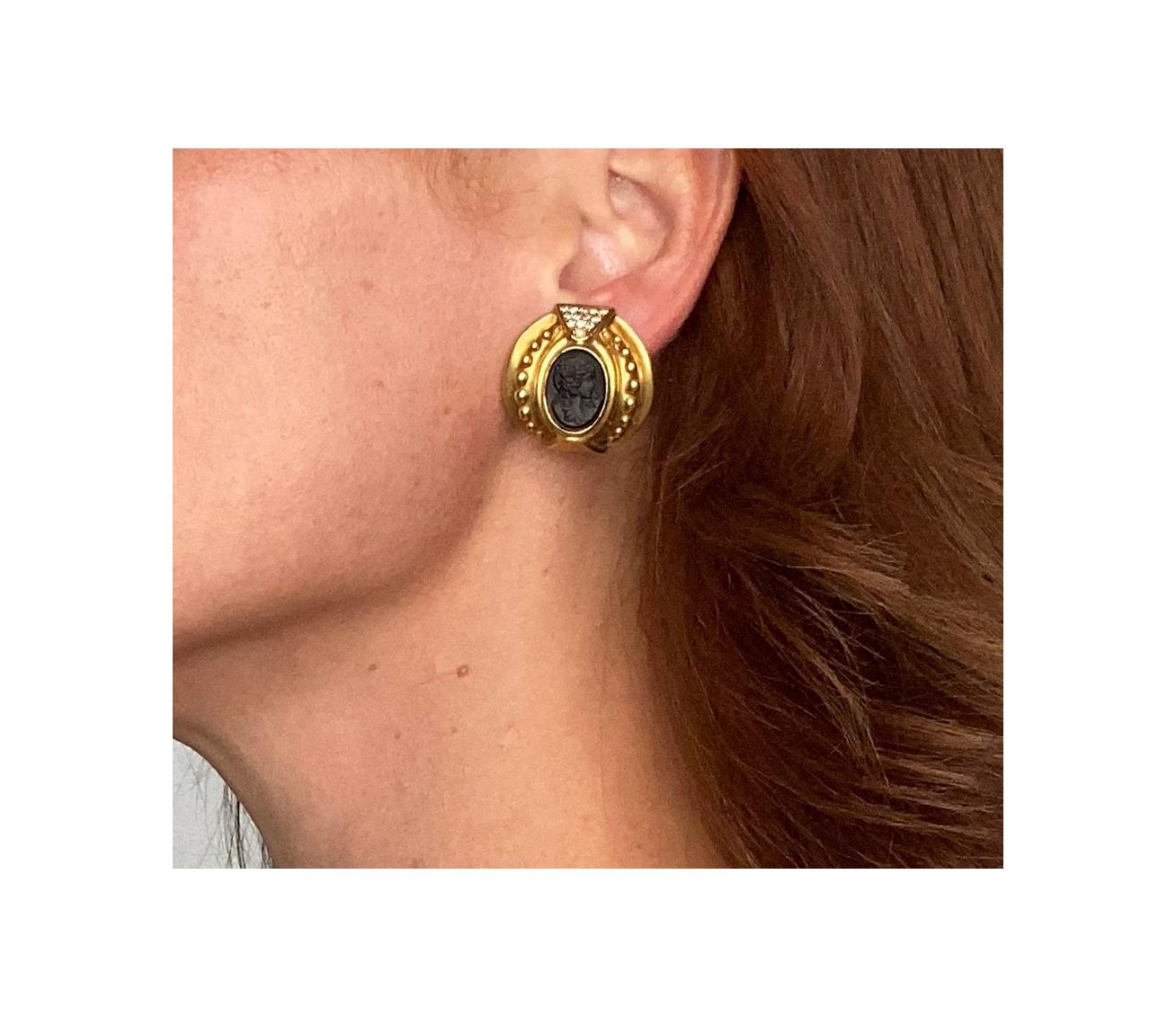 Etruscan Revival Earrings in 18Kt Gold with 9.78 Cts in Diamonds and Carved Onyx For Sale 1