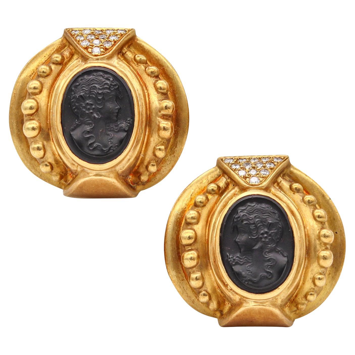 Etruscan Revival Earrings in 18Kt Gold with 9.78 Cts in Diamonds and Carved Onyx For Sale