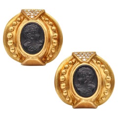 Etruscan Revival Earrings in 18Kt Gold with 9.78 Cts in Diamonds and Carved Onyx