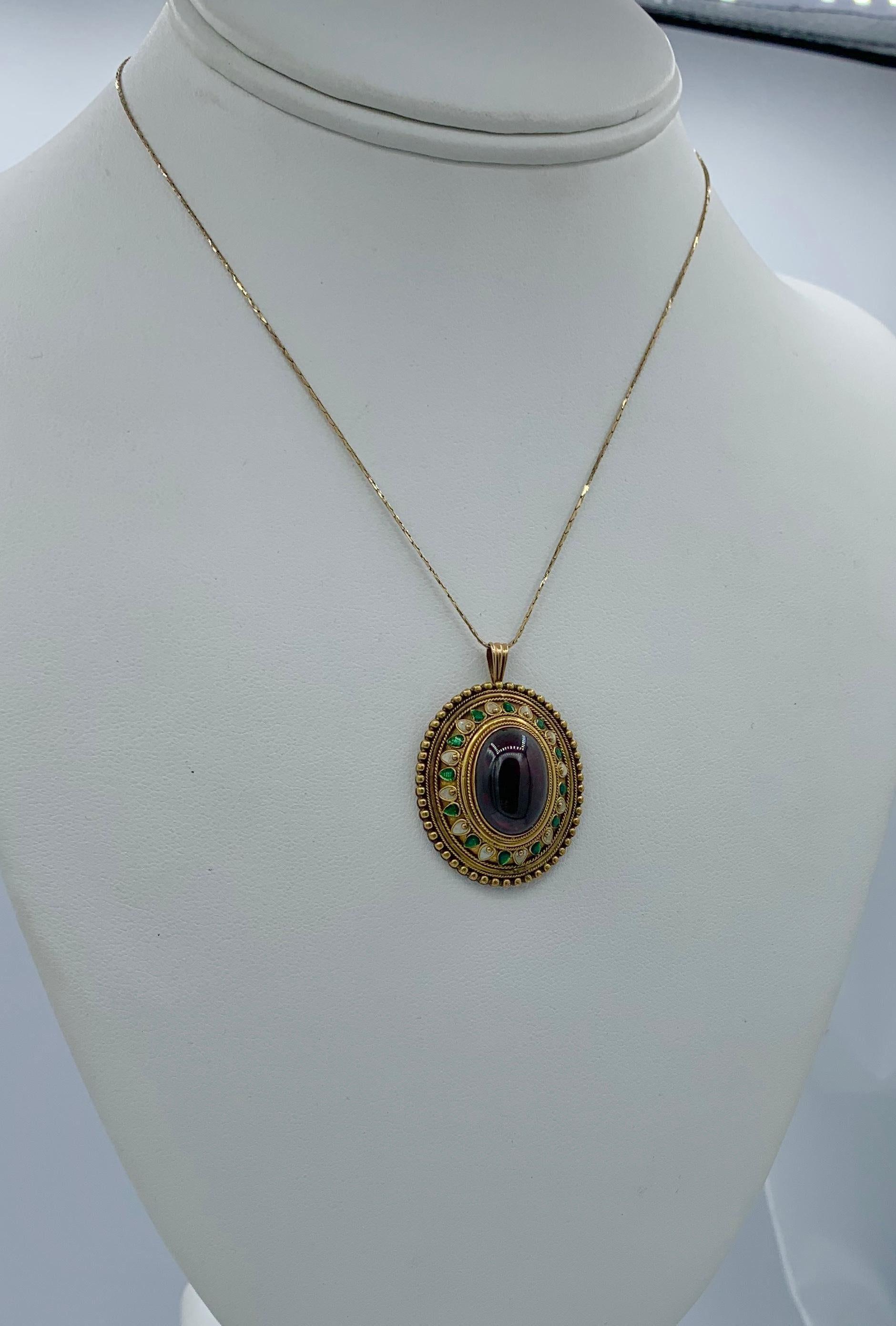 Women's Etruscan Revival Garnet Enamel Gold Pendant Necklace Circa 1860 Museum Quality For Sale
