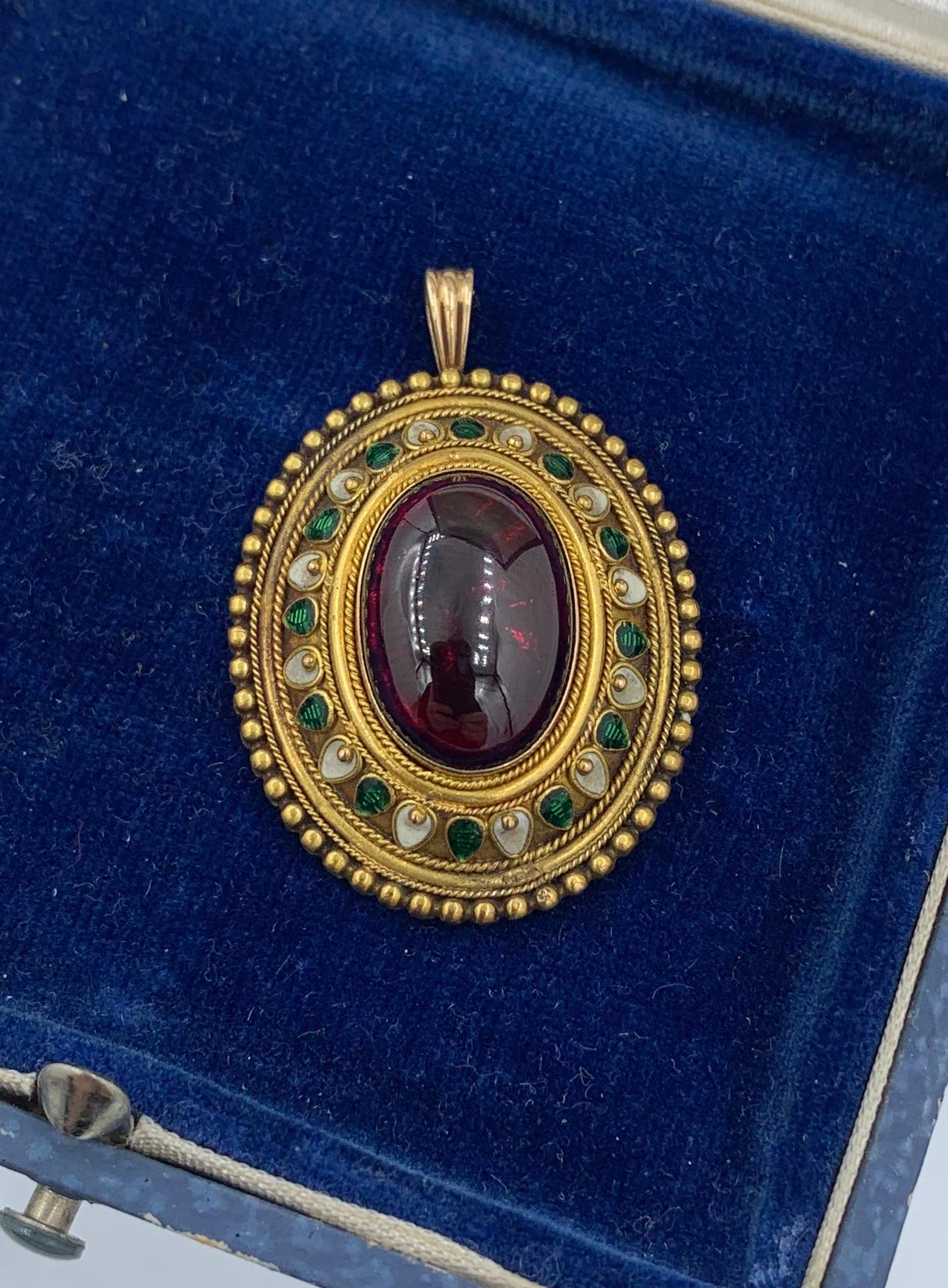 Etruscan Revival Garnet Enamel Gold Pendant Necklace Circa 1860 Museum Quality For Sale 1