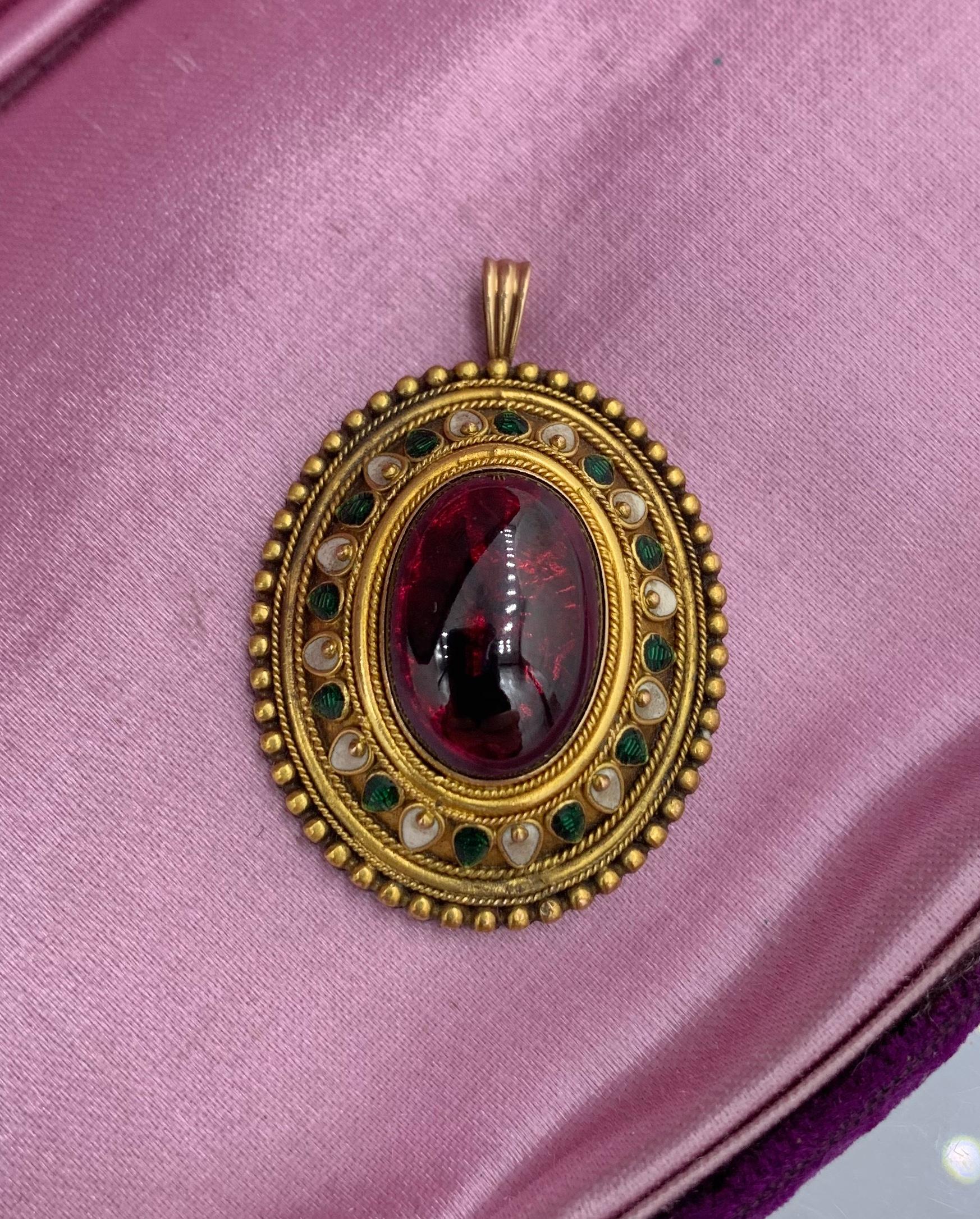 Etruscan Revival Garnet Enamel Gold Pendant Necklace Circa 1860 Museum Quality For Sale 3