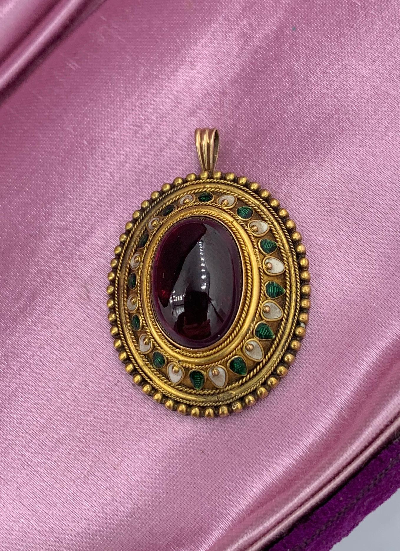 Etruscan Revival Garnet Enamel Gold Pendant Necklace Circa 1860 Museum Quality For Sale 4