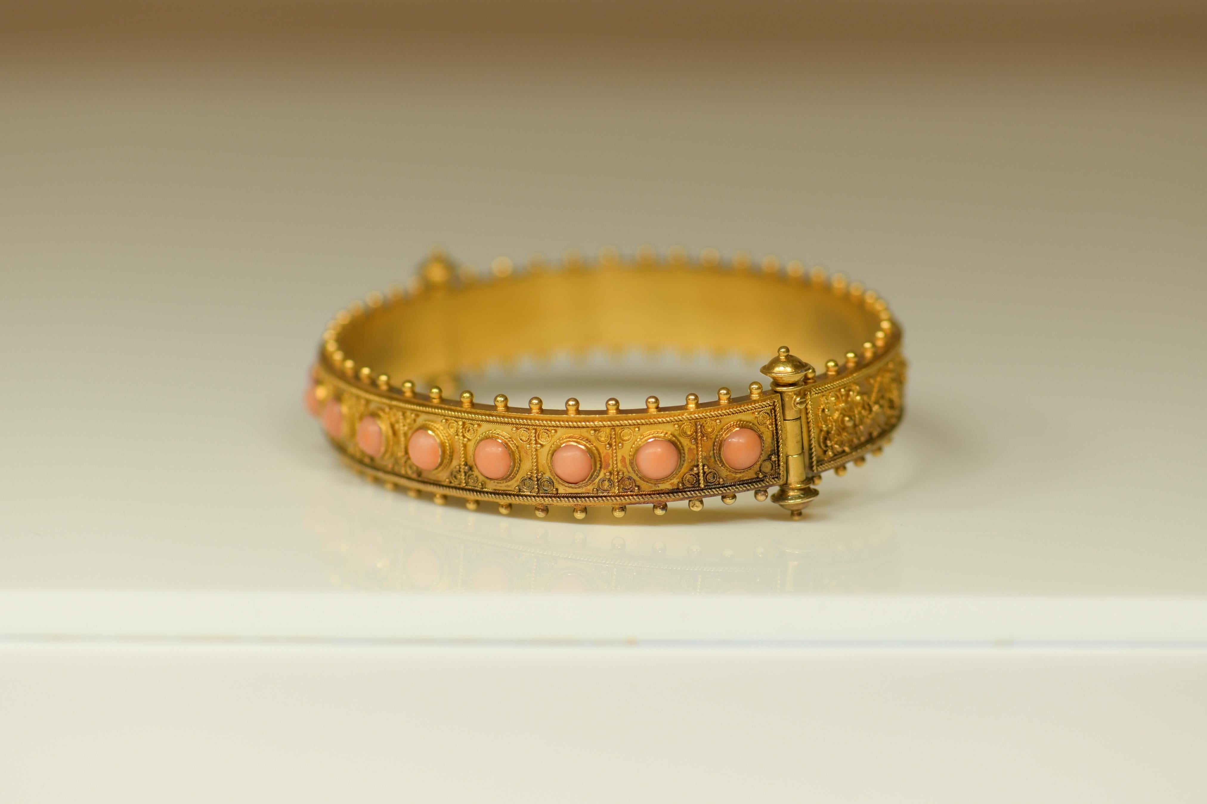 Ball Cut Etruscan Revival Gold and Coral Hinged Bangle