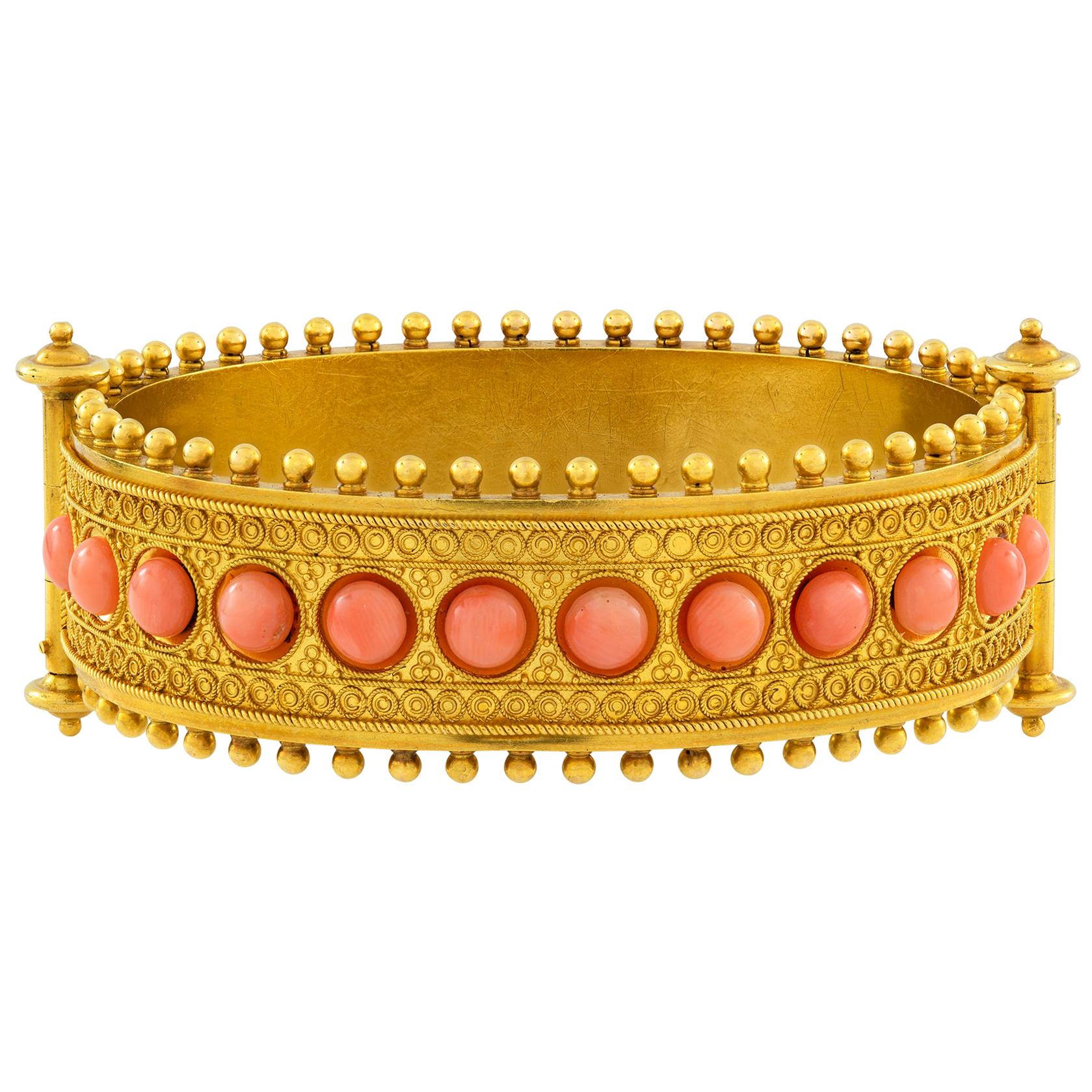 Etruscan Revival Gold and Coral Hinged Bangle