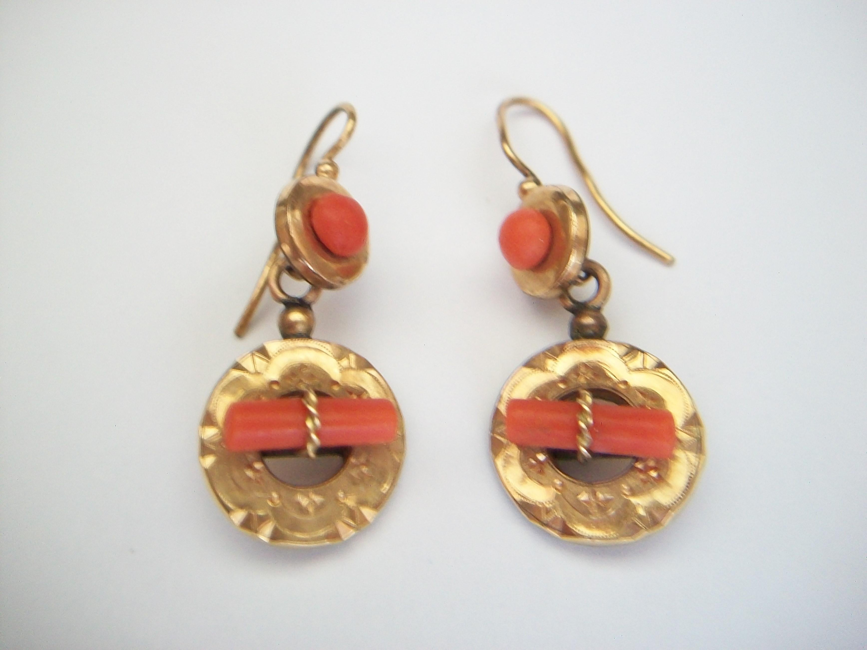 Rough Cut Etruscan Revival Gold Filled Tooled Dangle Earrings with Coral - Circa 1880
