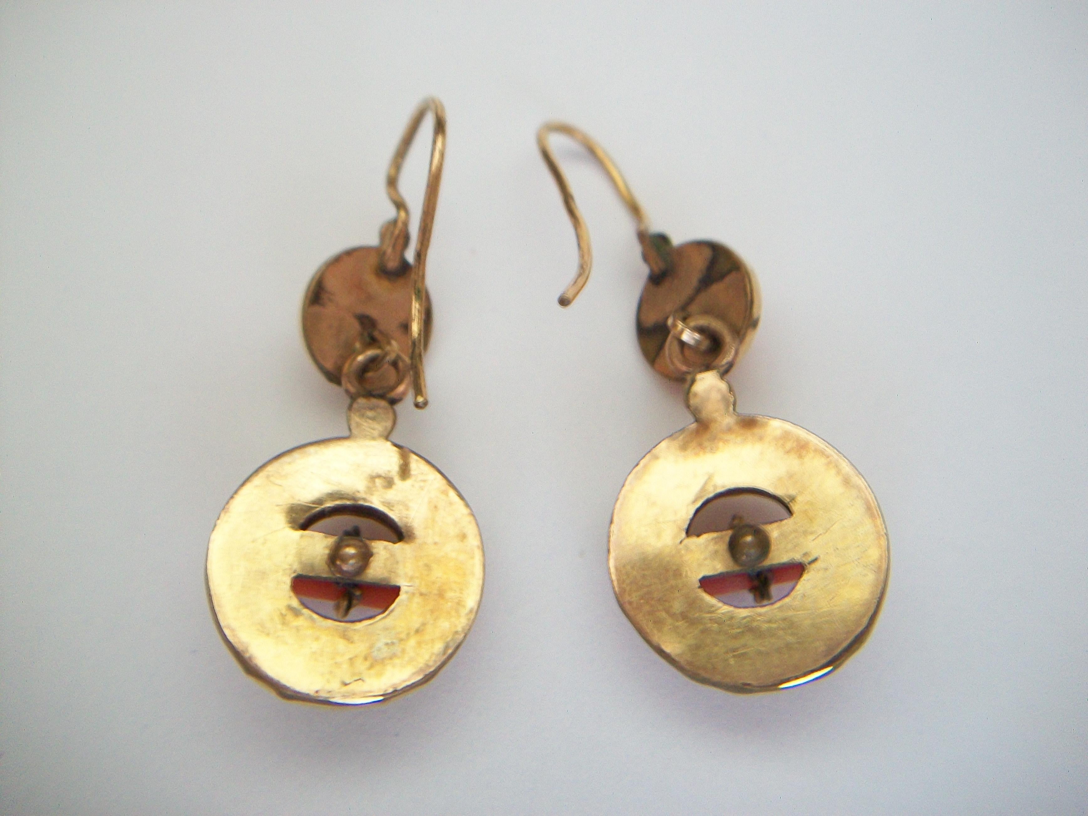 Etruscan Revival Gold Filled Tooled Dangle Earrings with Coral - Circa 1880 In Good Condition In Chatham, CA