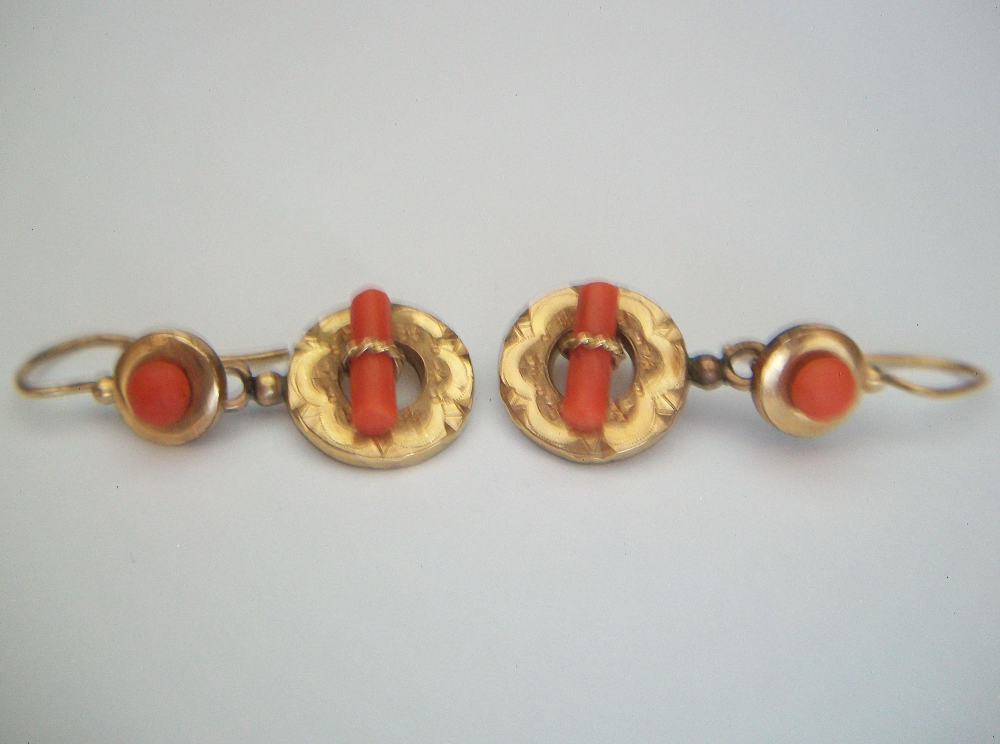 Women's Etruscan Revival Gold Filled Tooled Dangle Earrings with Coral - Circa 1880