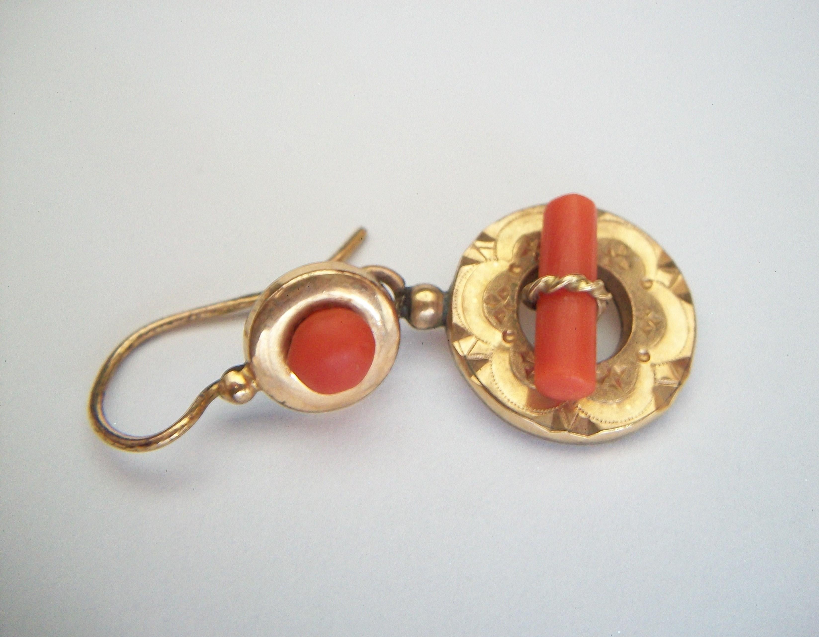 Etruscan Revival Gold Filled Tooled Dangle Earrings with Coral - Circa 1880 2