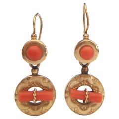 Etruscan Revival Gold Filled Tooled Dangle Earrings with Coral - Circa 1880